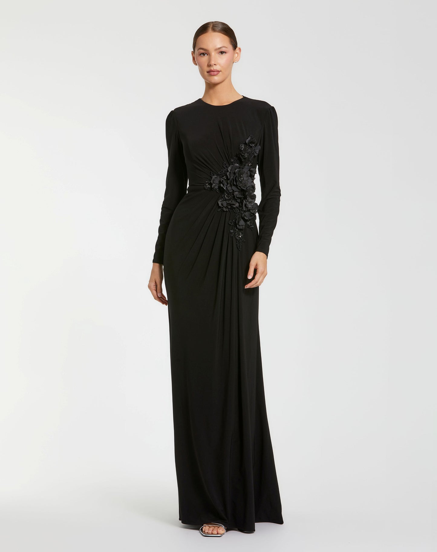 Long Sleeve High Neck Floral Beaded Jersey Gown - Mac Duggal