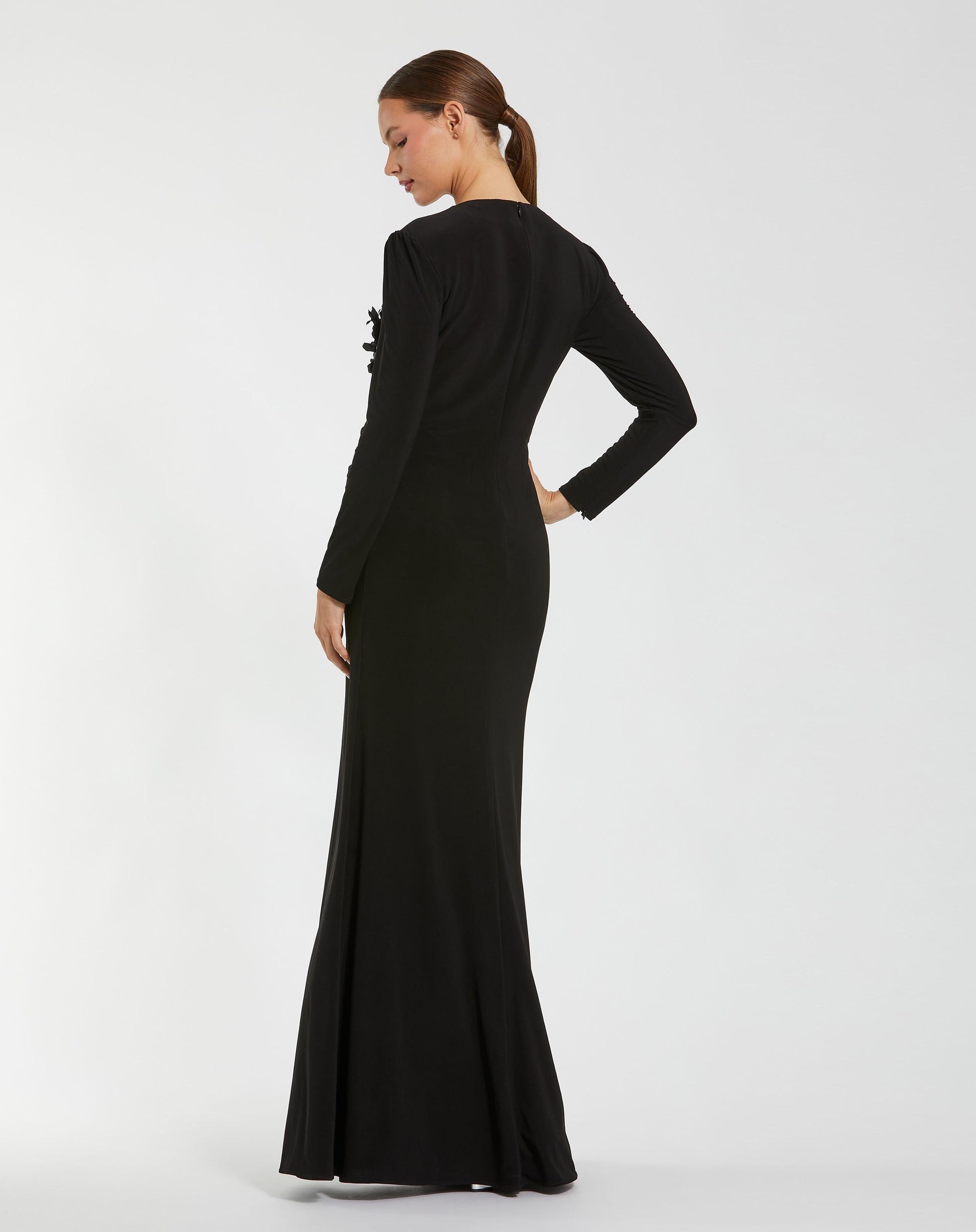 Long Sleeve High Neck Floral Beaded Jersey Gown - Mac Duggal