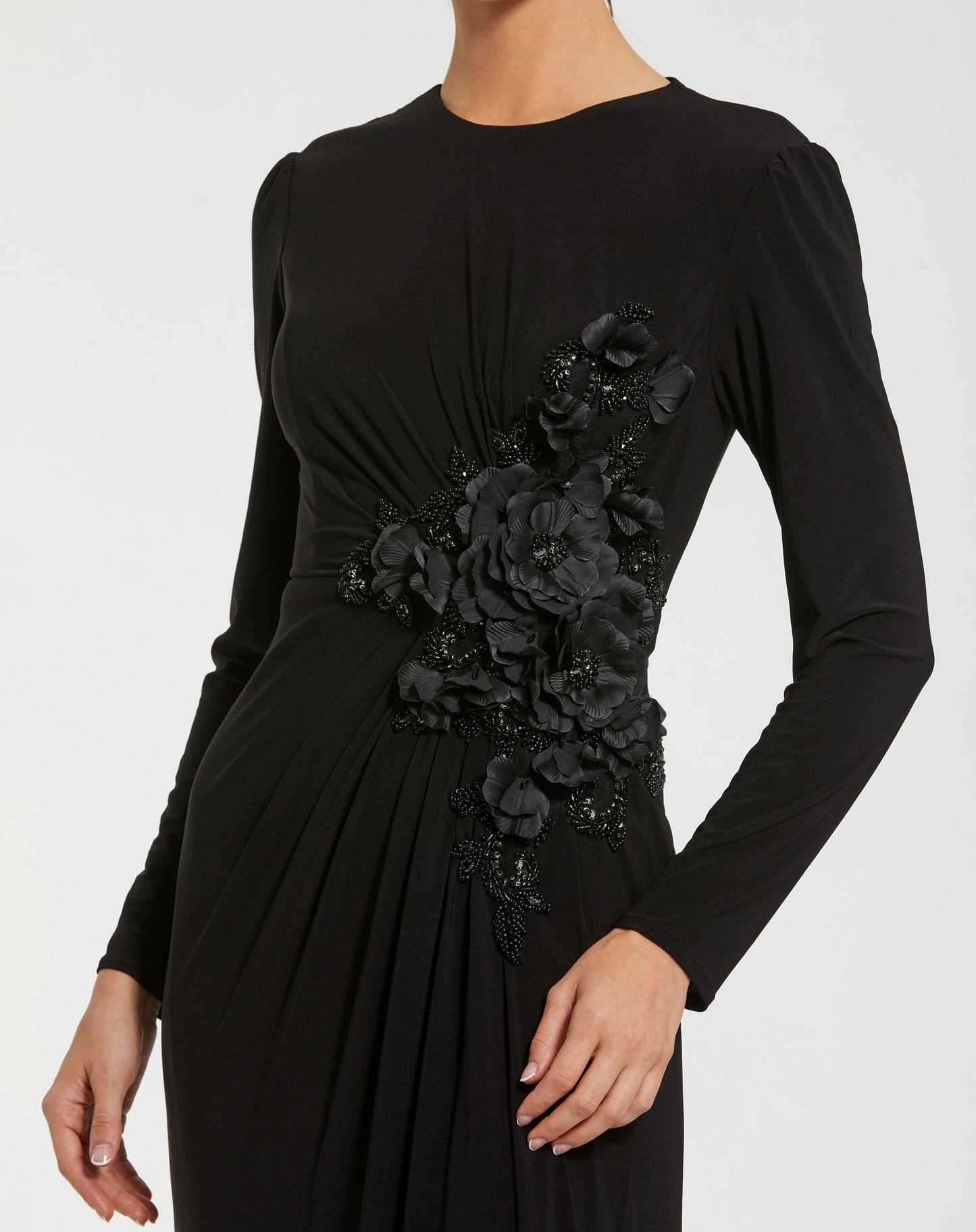 Long Sleeve High Neck Floral Beaded Jersey Gown - Mac Duggal