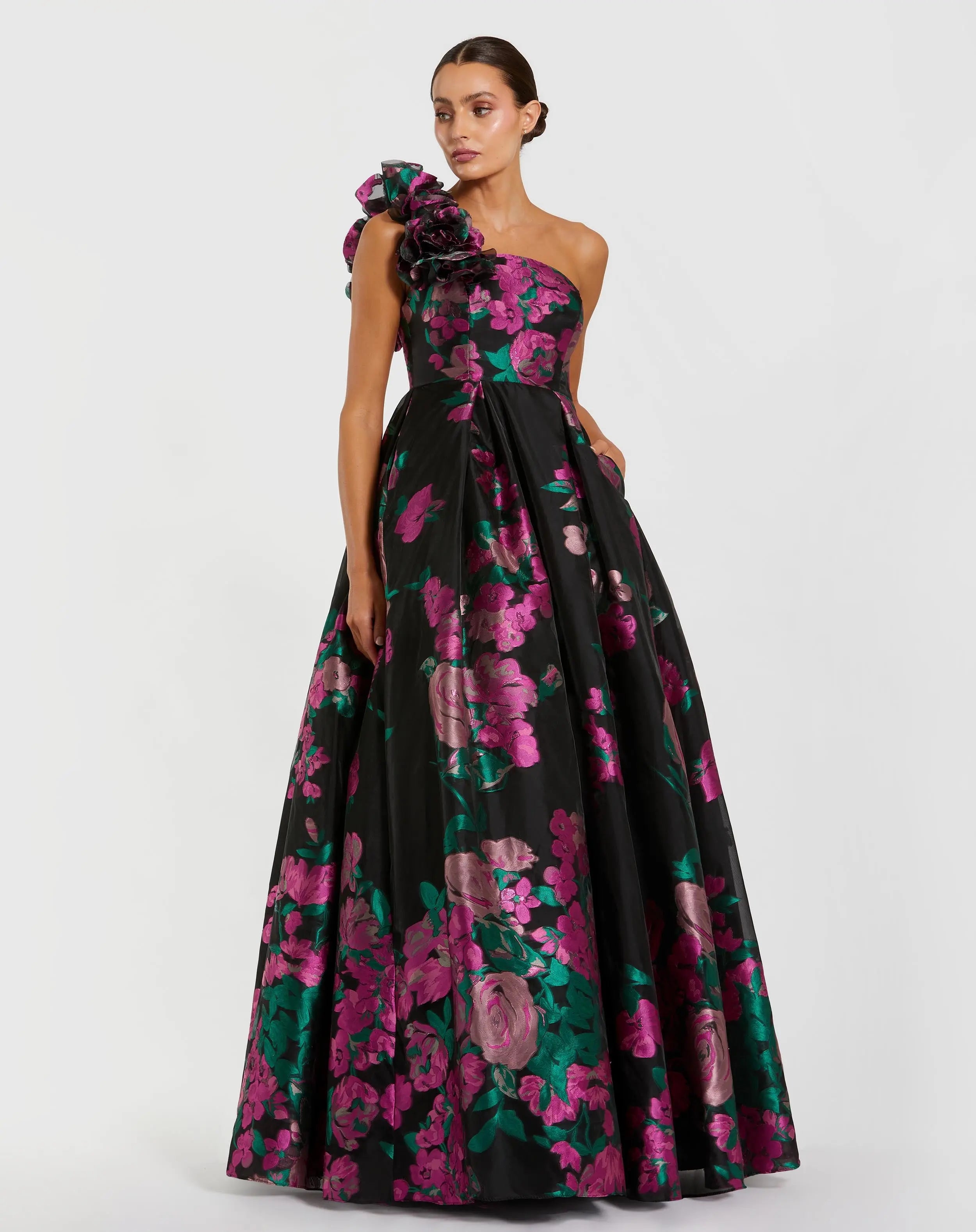 mac duggal strapless brocade floral ruffle-hem a-line maxi dress Pink and White A Line Midi engagement parties Mac Duggal Strapless Brocade A-Line