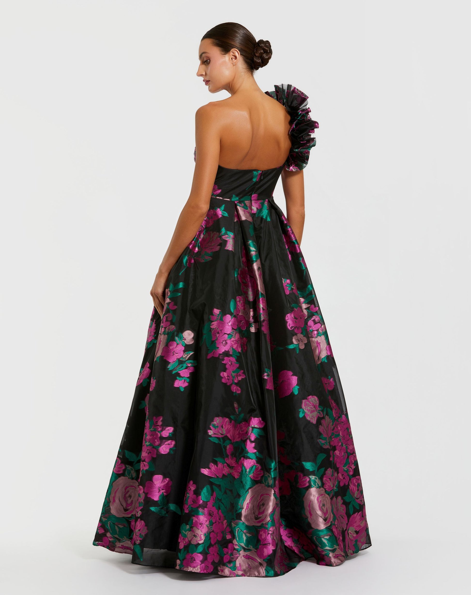 Black One Shoulder Floral Brocade Ball Gown - Mac Duggal