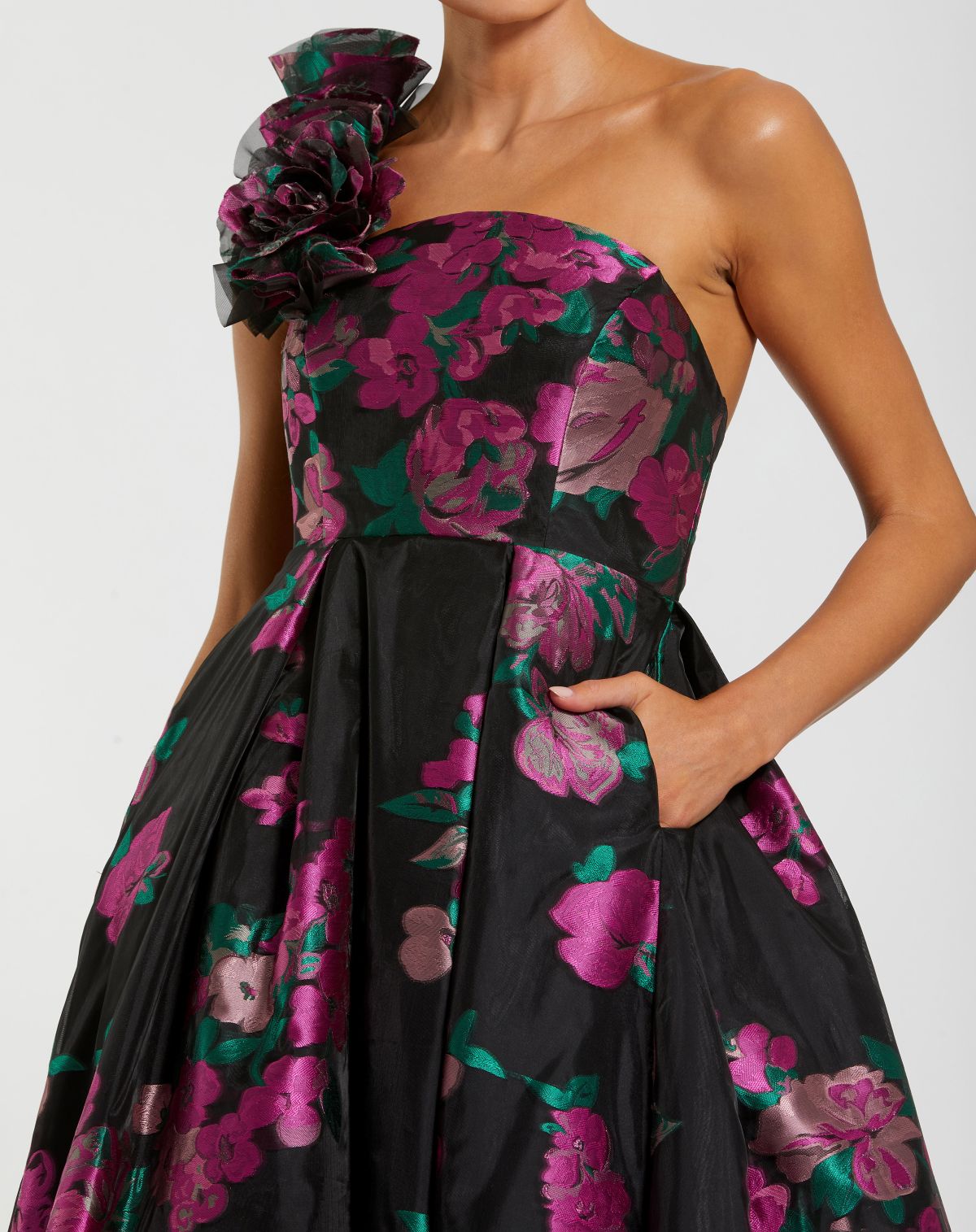 Black One Shoulder Floral Brocade Ball Gown - Mac Duggal