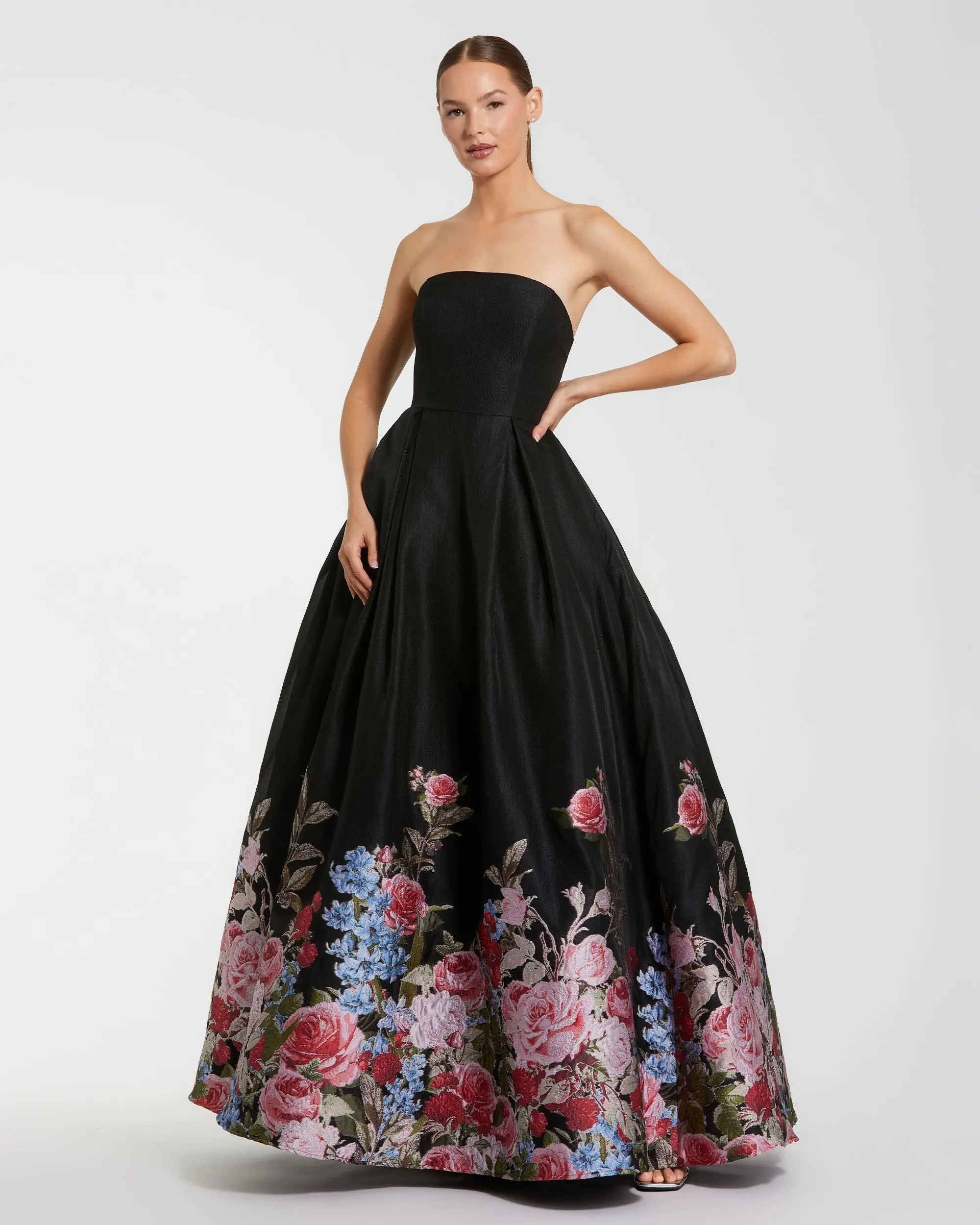 Black Strapless Floral Brocade Ballgown - Mac Duggal