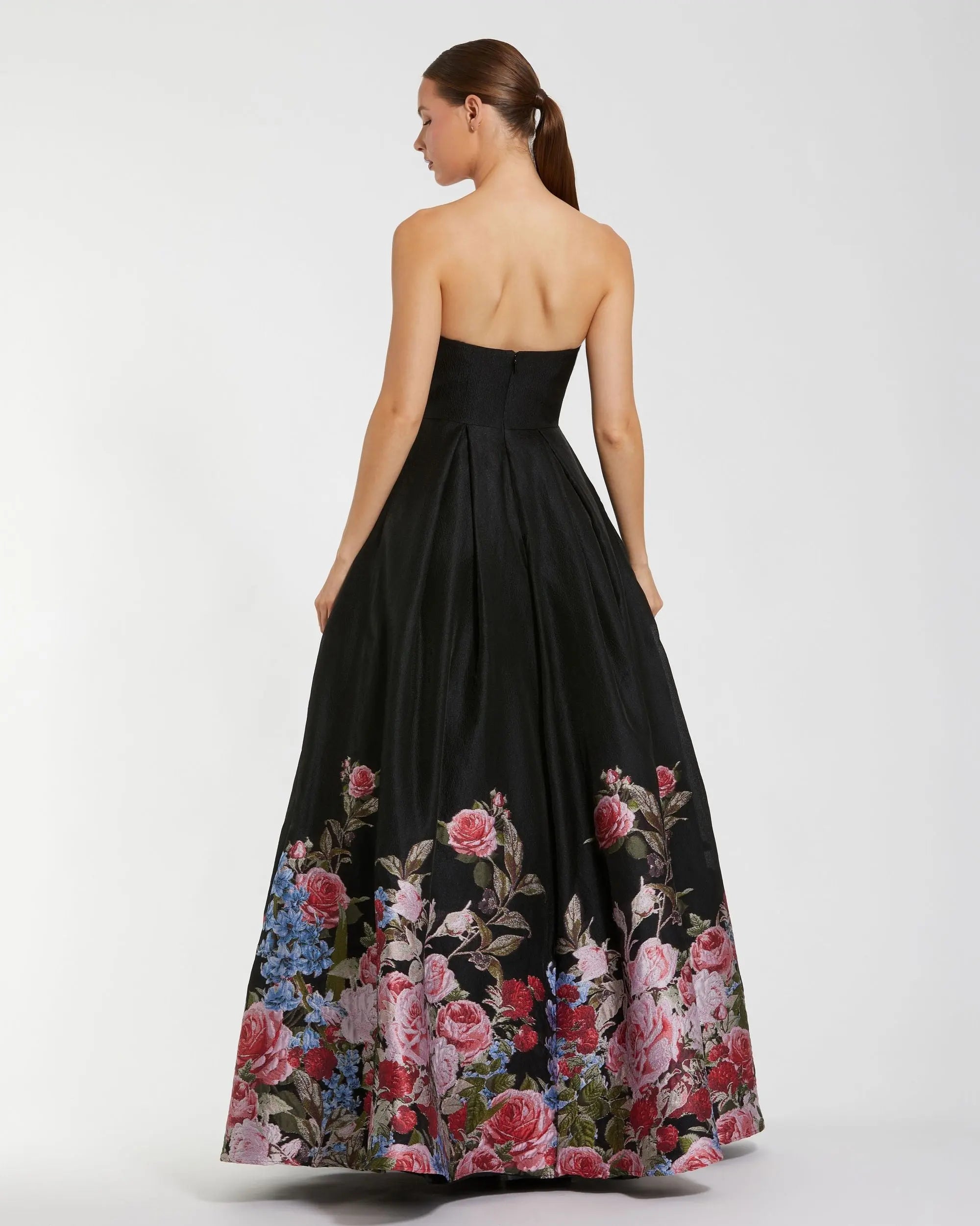 Black Strapless Floral Brocade Ballgown - Mac Duggal