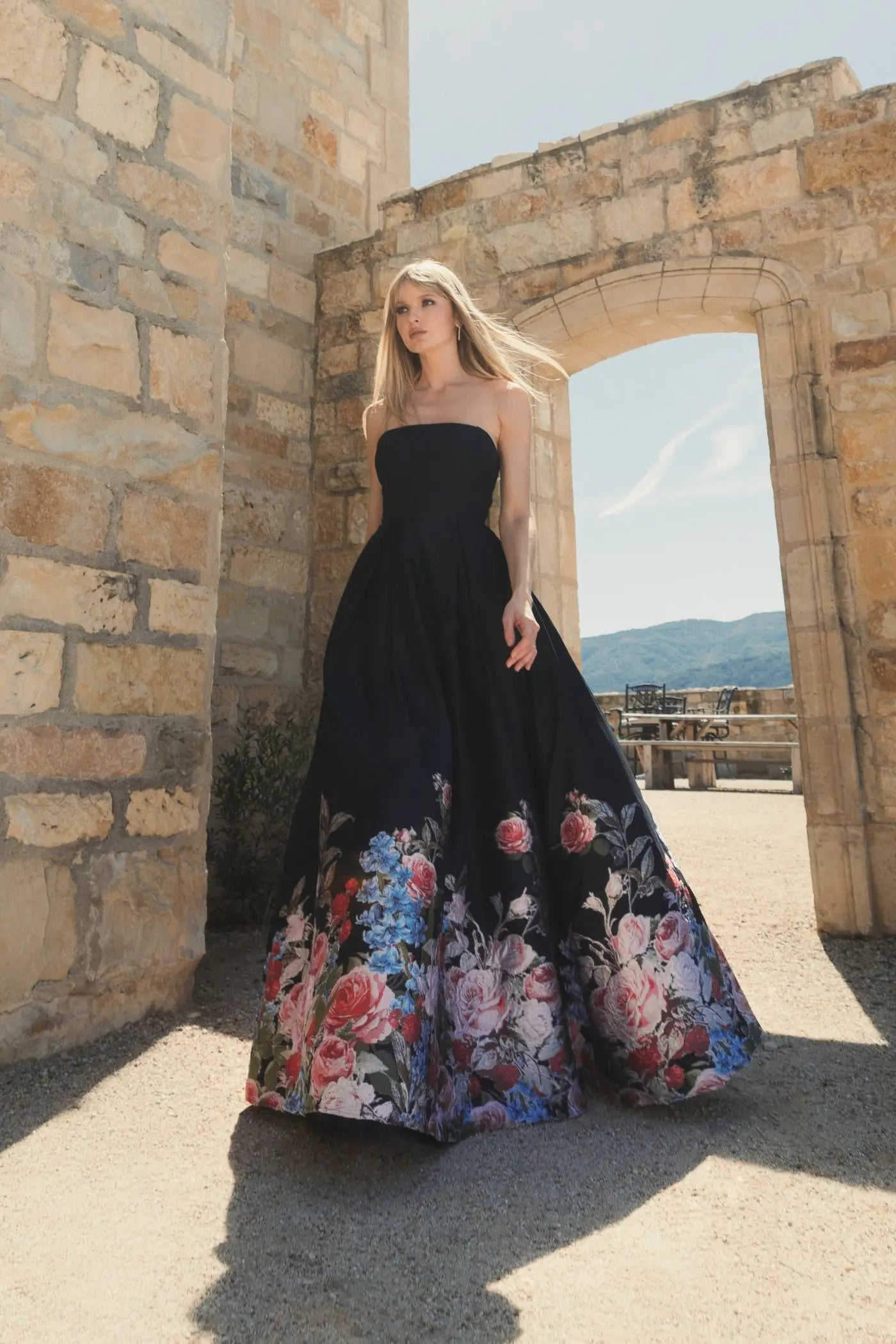 mac duggal black dress Sweetheart Jersey Gown With Beaded Flowers skimming sheath silhouette Black Strapless Floral Brocade Ballgown