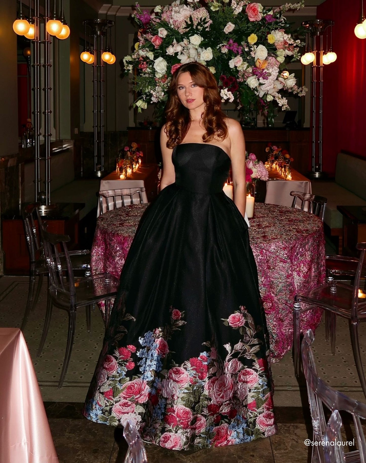 Black Strapless Floral Brocade Ballgown - Mac Duggal