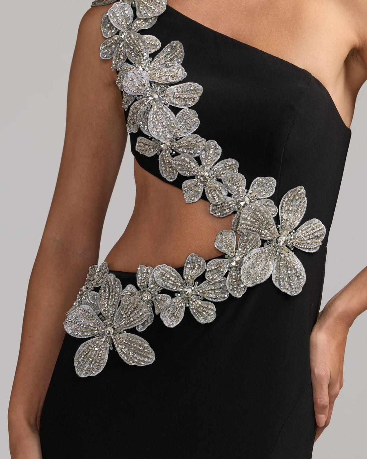 Black One Shoulder 3D Floral Jersey Gown Mac Duggal