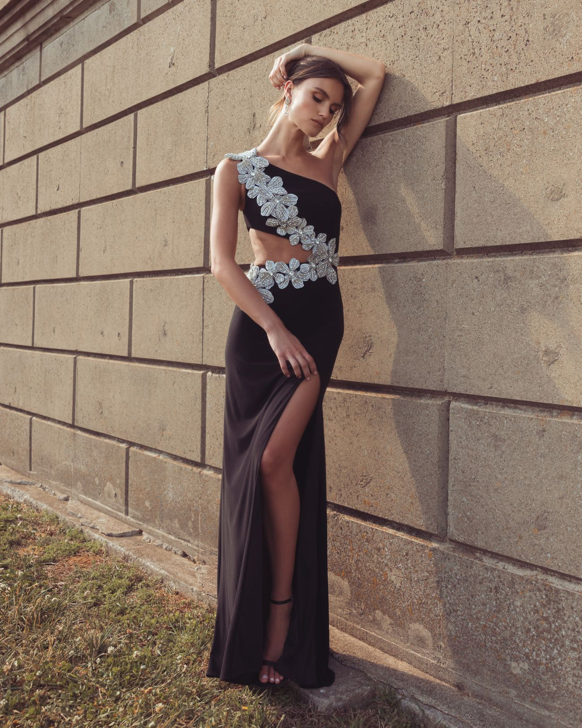 Black One Shoulder 3D Floral Jersey Gown Mac Duggal