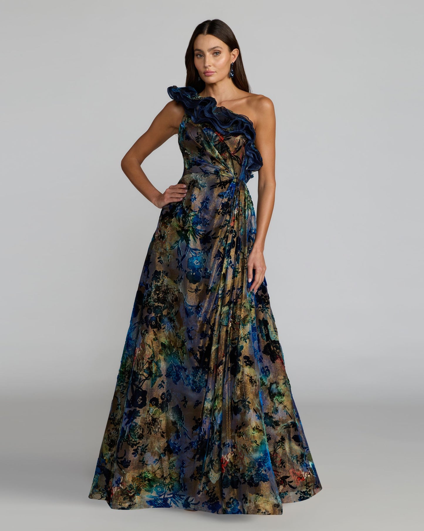 Black Multicolor One Shoulder Burnout Velvet Gown Mac Duggal
