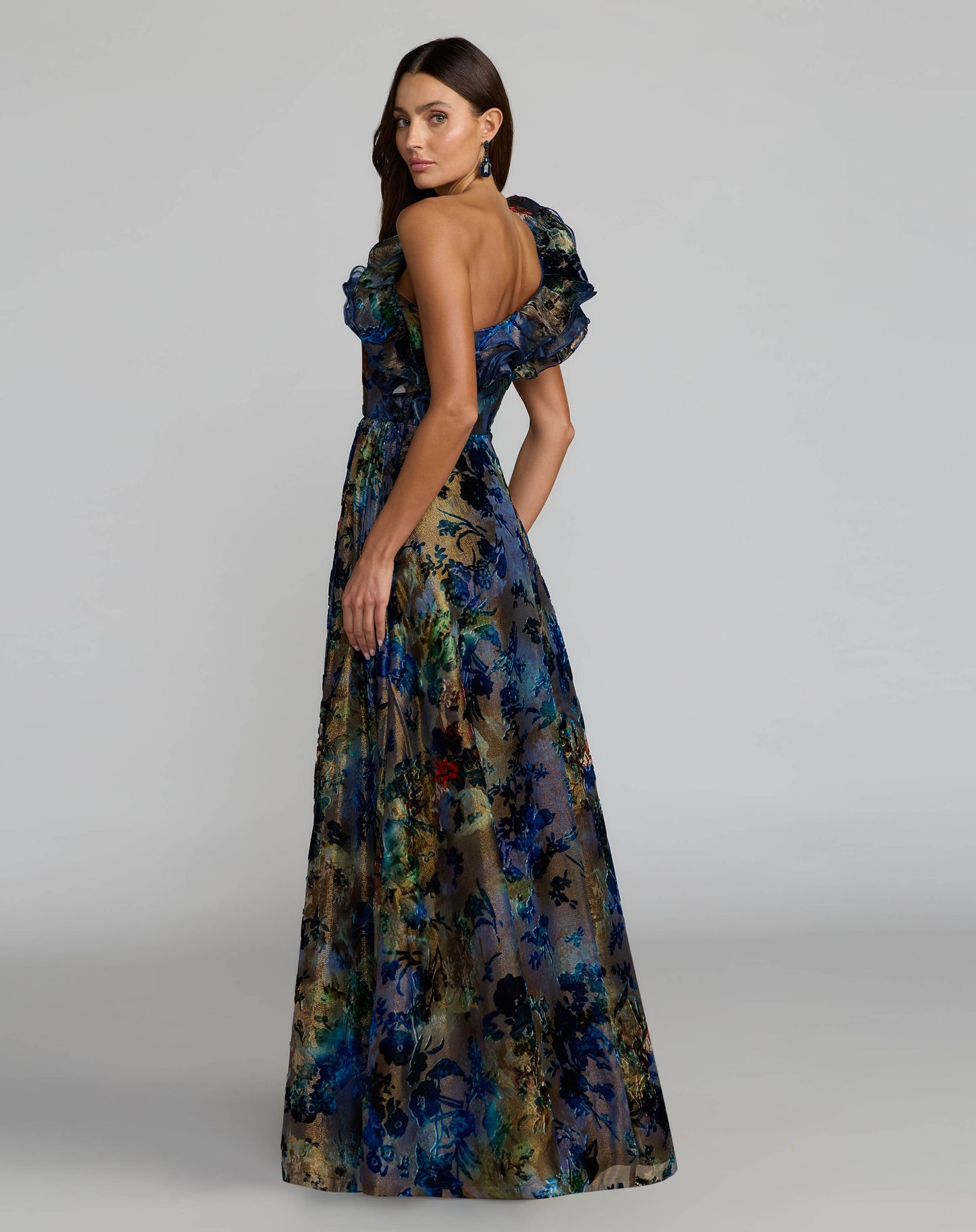 Black Multicolor One Shoulder Burnout Velvet Gown Mac Duggal