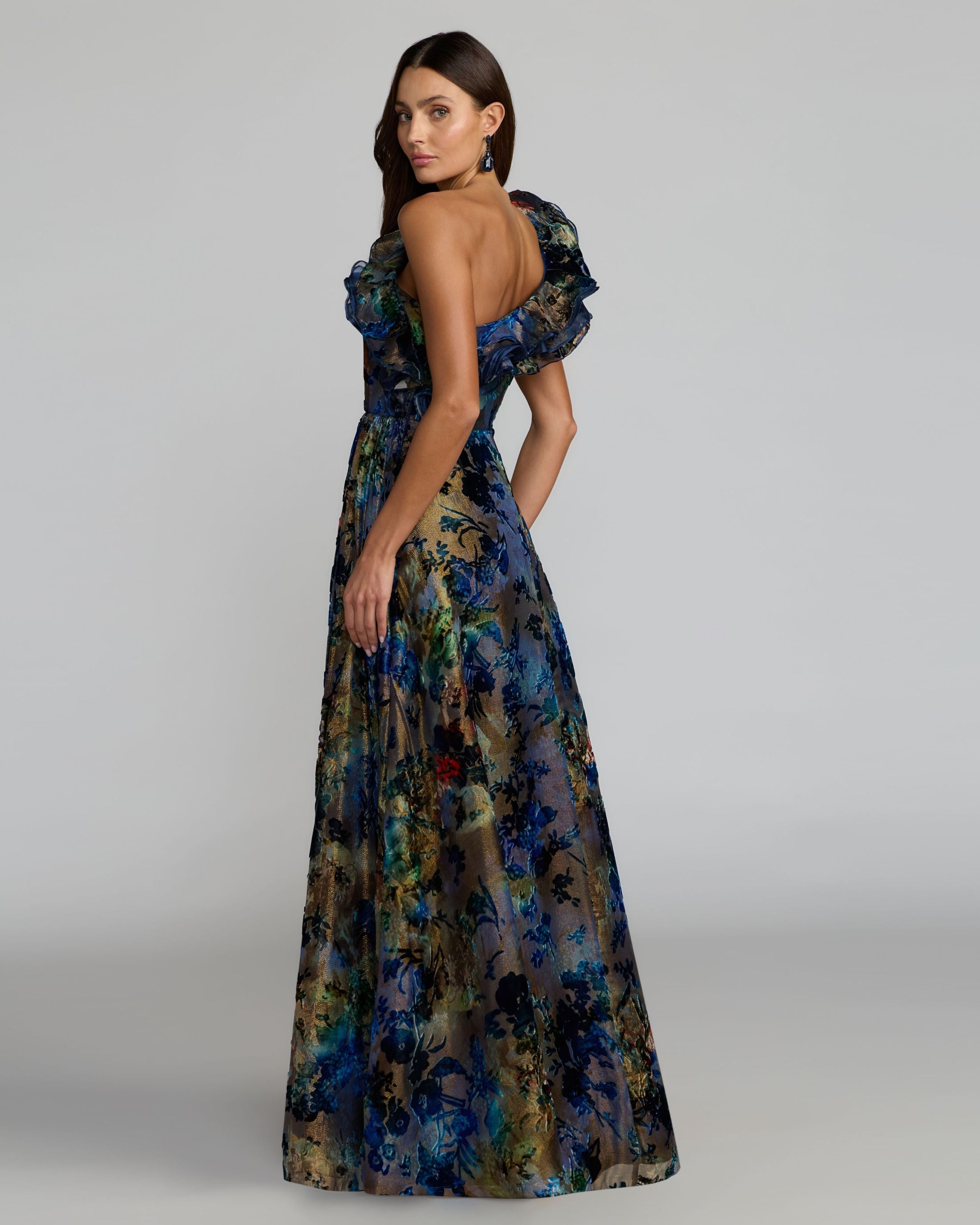 Black Multicolor One Shoulder Burnout Velvet Gown Mac Duggal