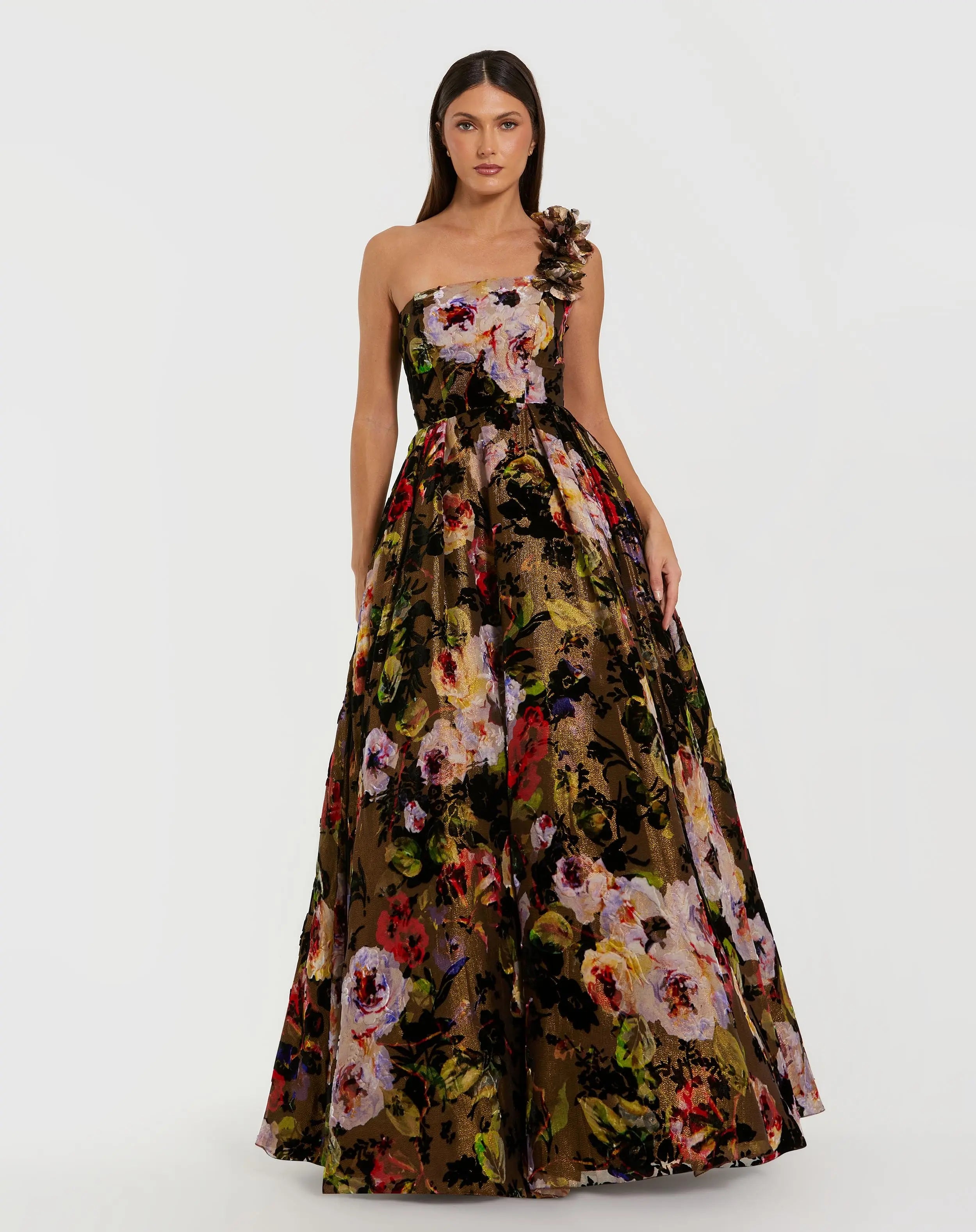 Black Multicolor Organza One Shoulder Gown with 3D Flowers - Mac Duggal