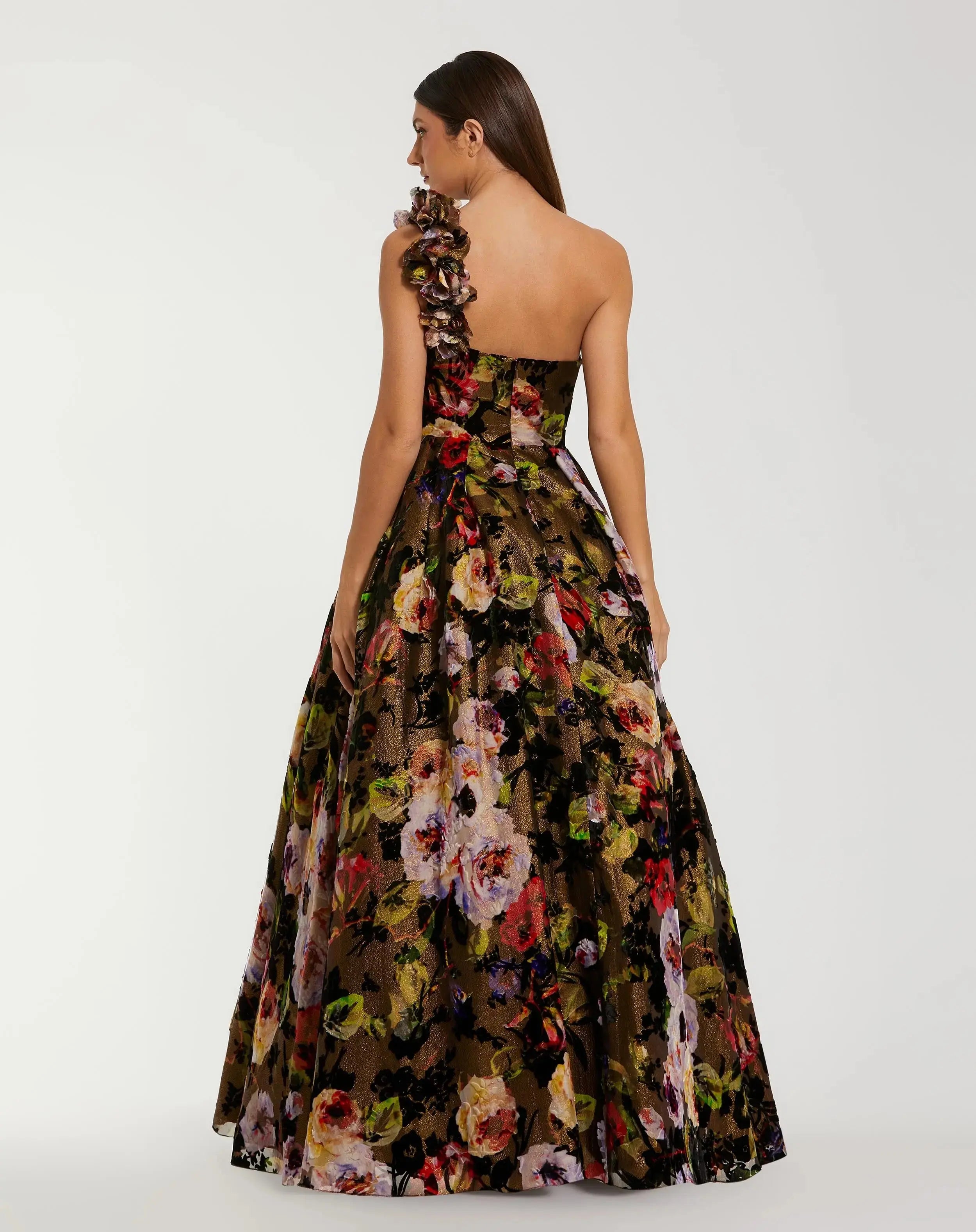 Multicolor One Shoulder Floral Velvet Ball Gown - Mac Duggal