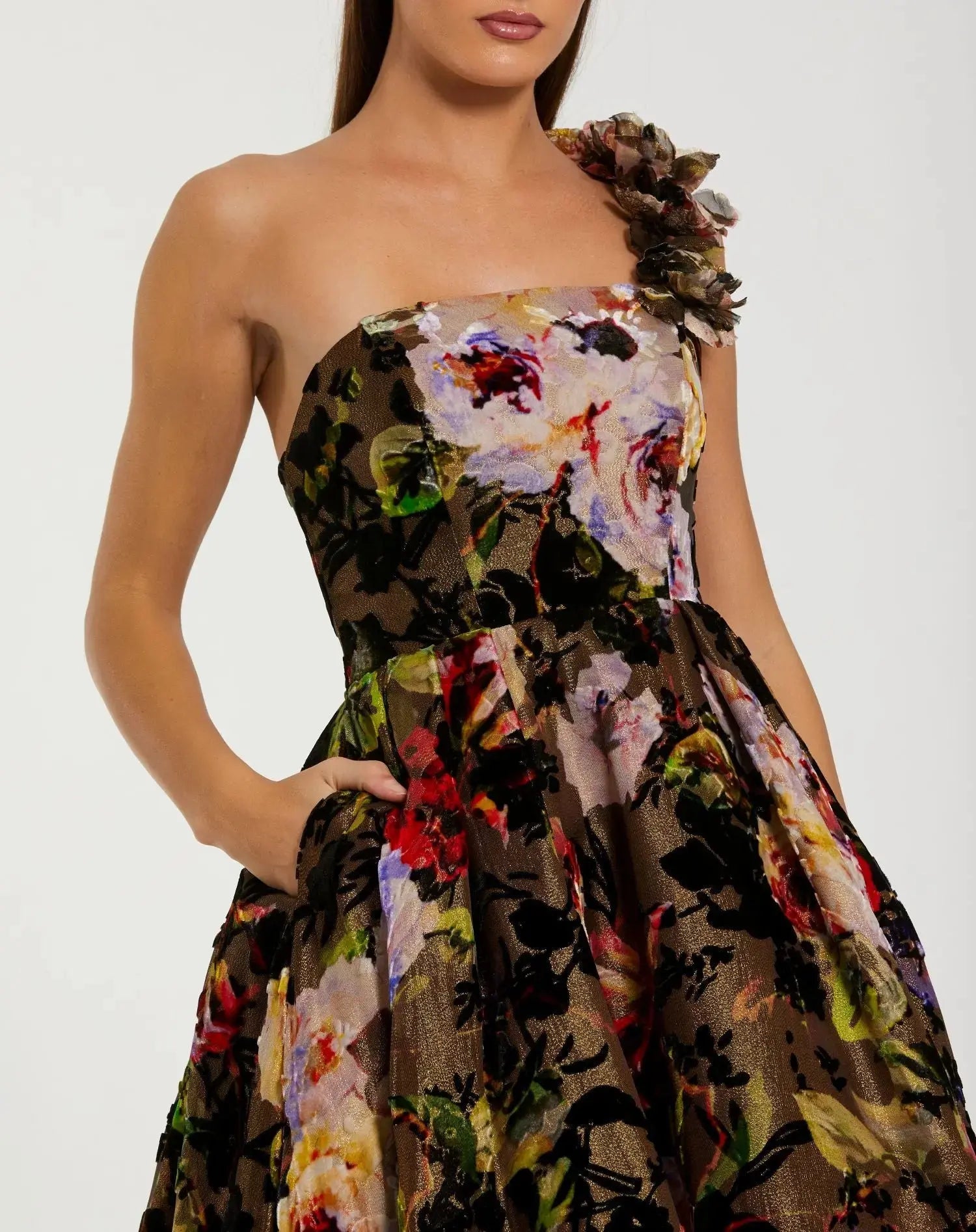 mac duggal velvet dress Multicolor Floral Velvet Ball Gown With Pockets