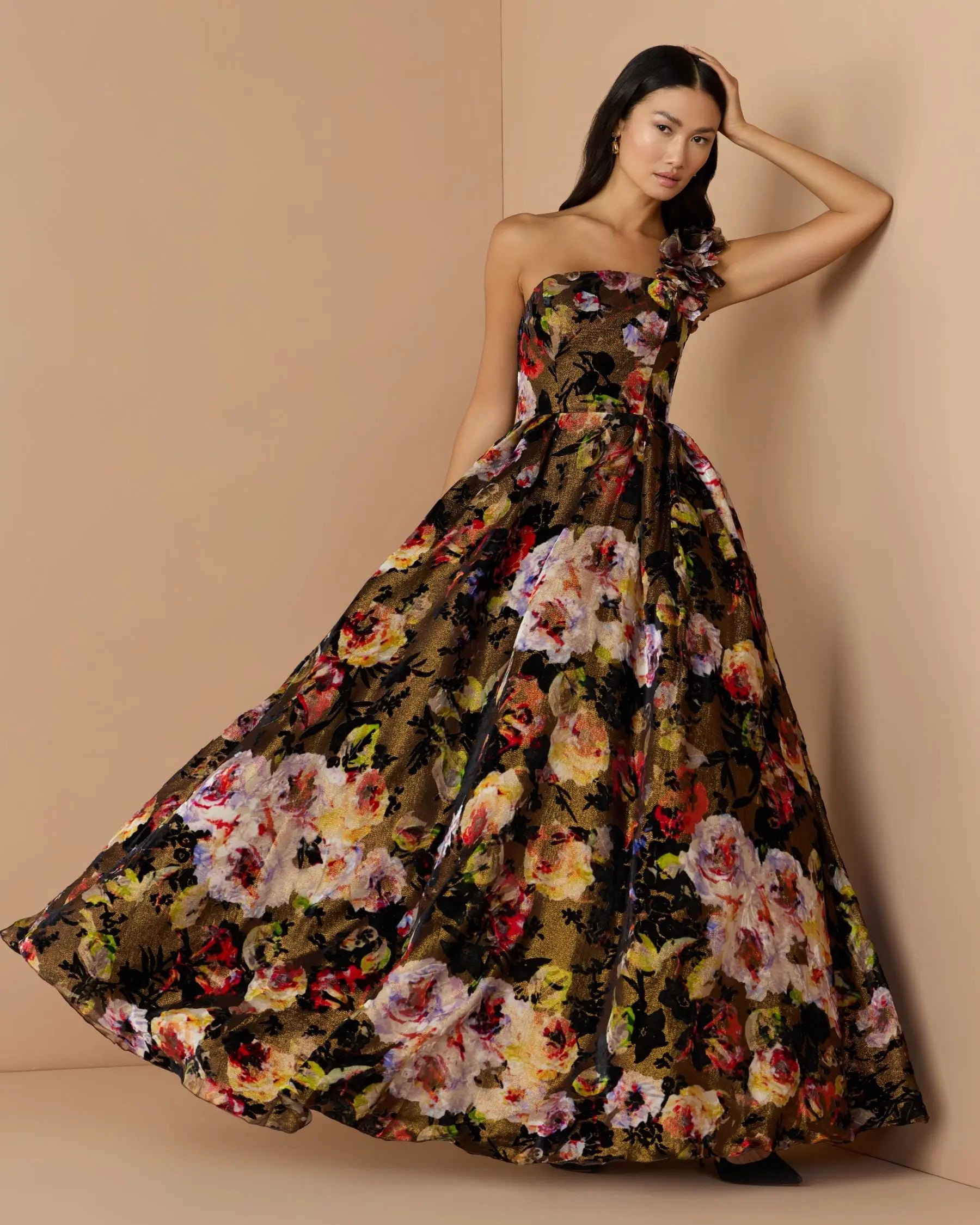 Multicolor One Shoulder Floral Velvet Ball Gown - Mac Duggal