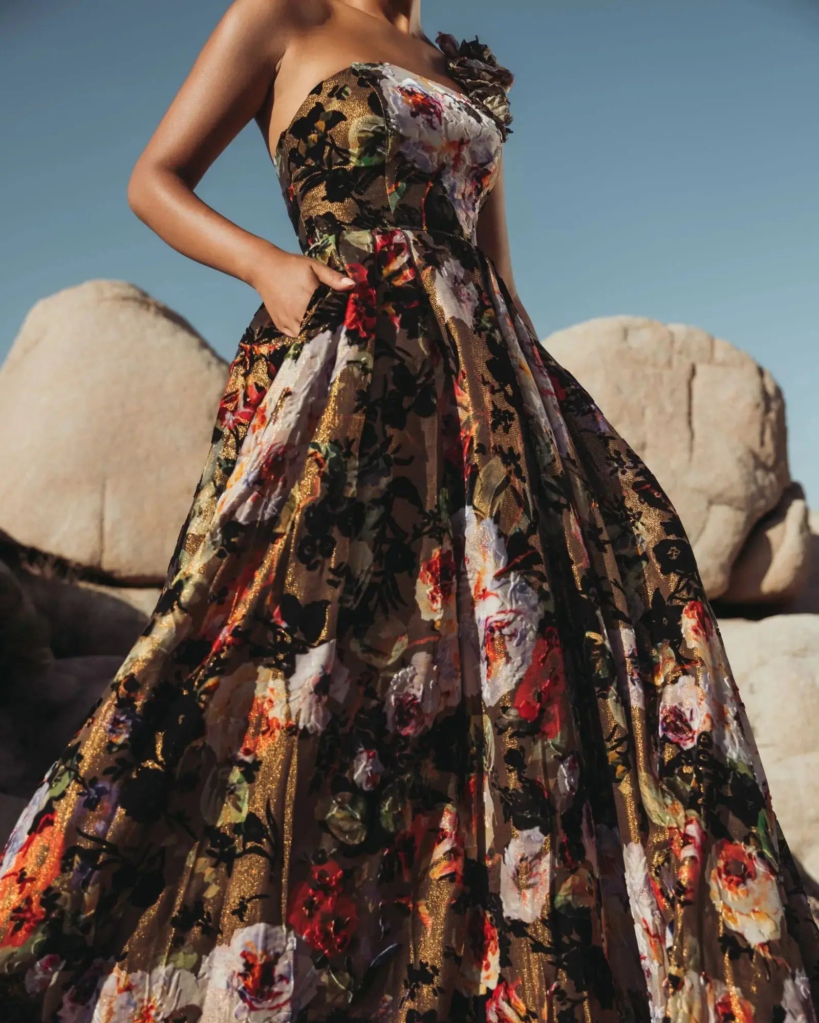 Multicolor Floral Velvet Ball Gown With Pockets