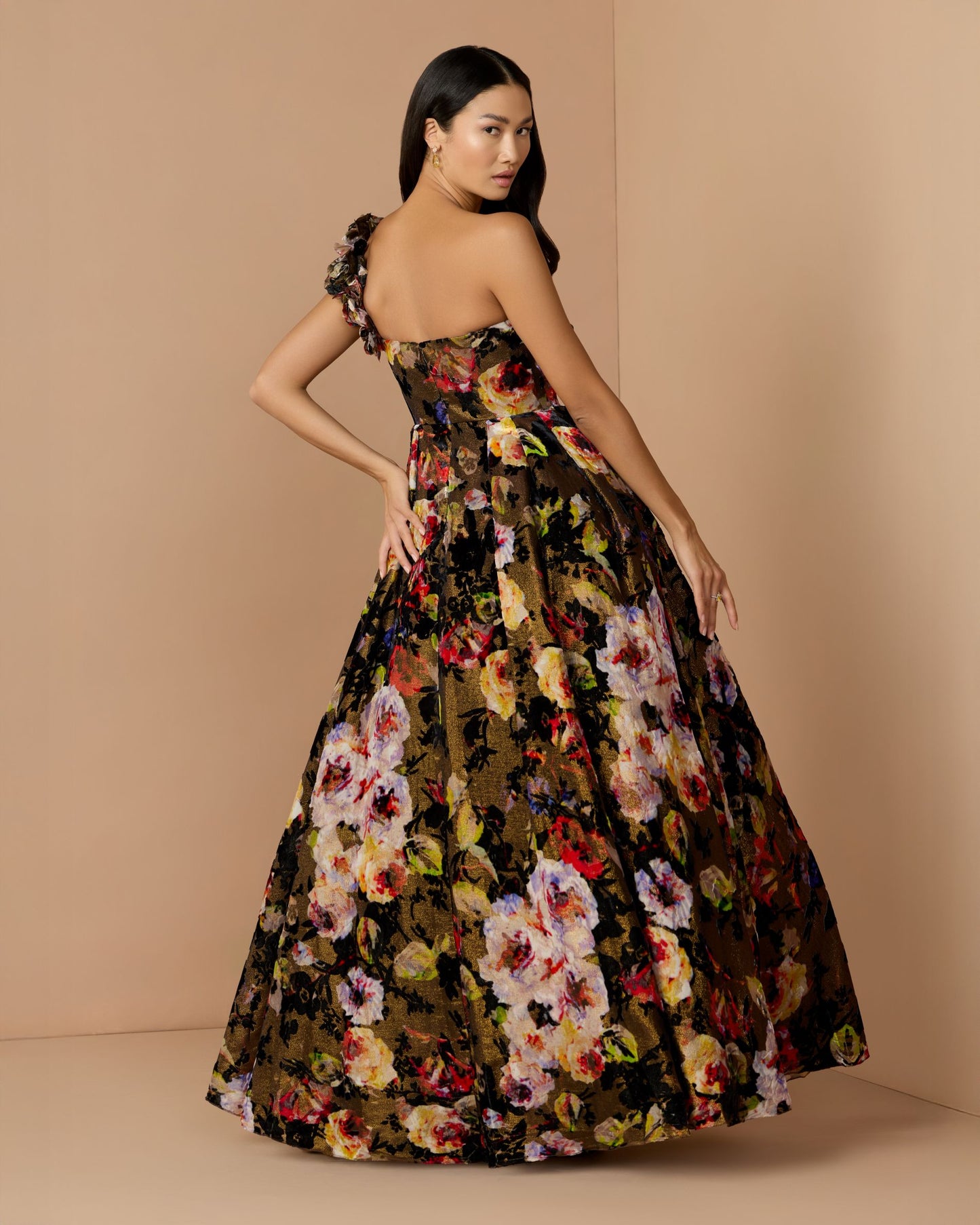 Multicolor Floral Velvet Ball Gown With Pockets