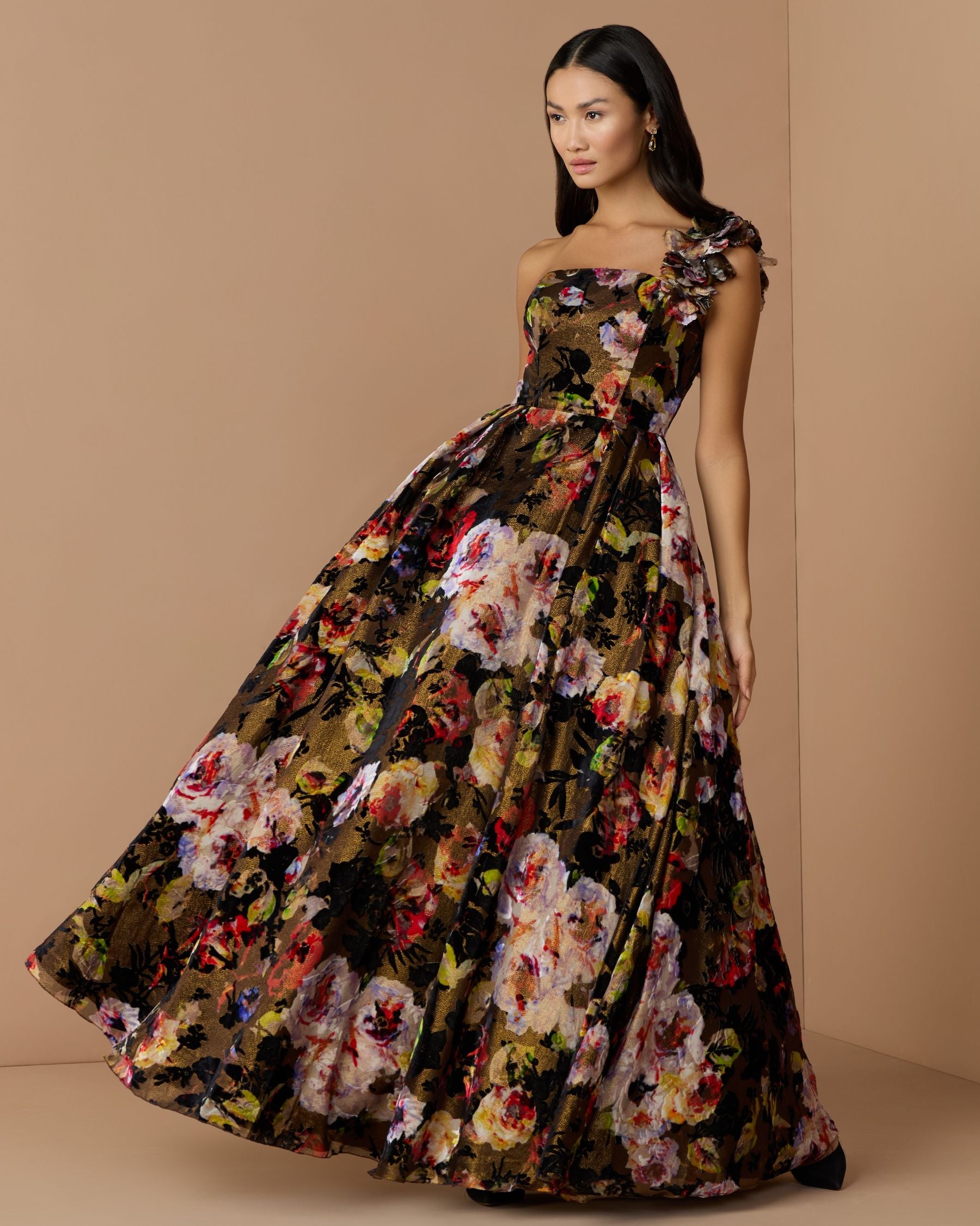 Multicolor One Shoulder Floral Velvet Ball Gown