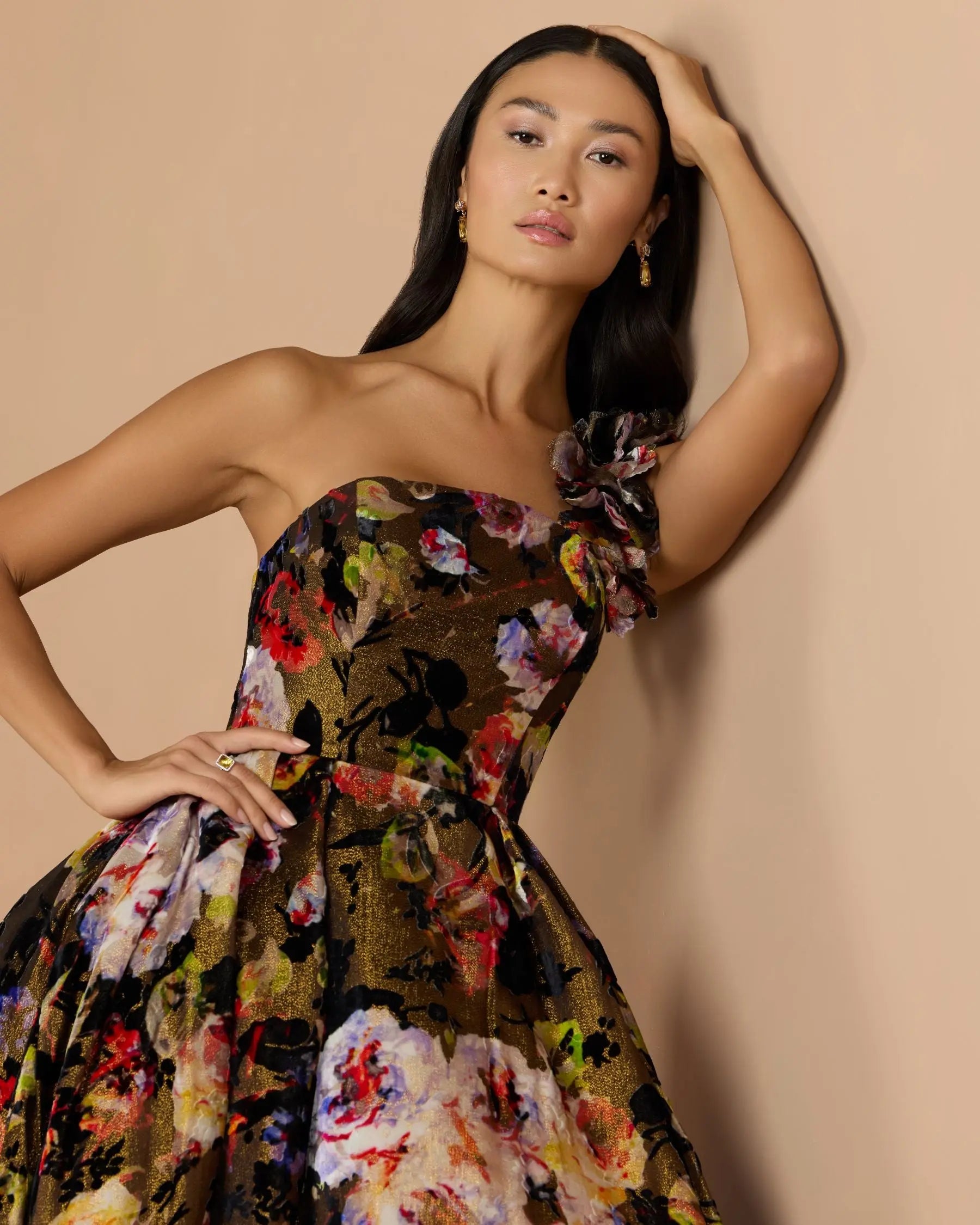 Multicolor One Shoulder Floral Velvet Ball Gown - Mac Duggal