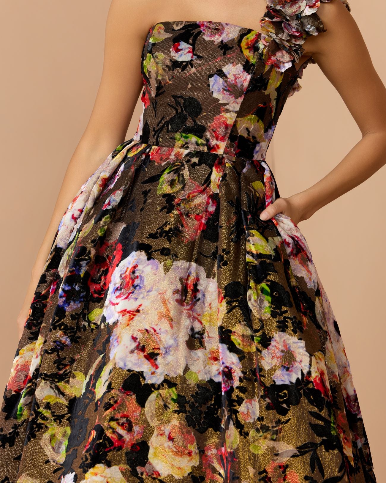 Multicolor Floral Velvet Ball Gown With Pockets | Mac Duggal Multicolor Floral Velvet Ball Gown With Pockets | Mac Duggal