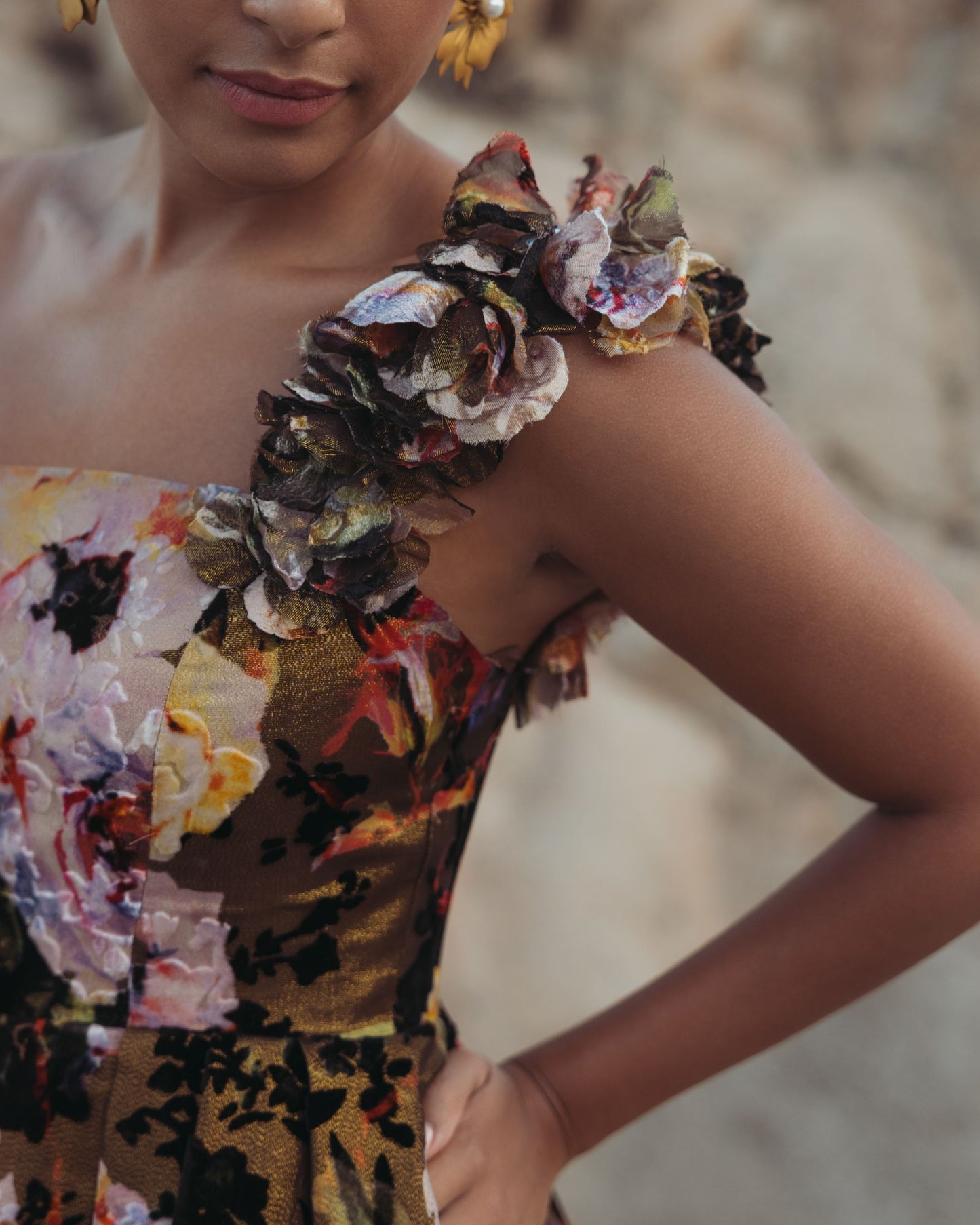 Black Multicolor Organza One Shoulder Gown with 3D Flowers - Mac Duggal