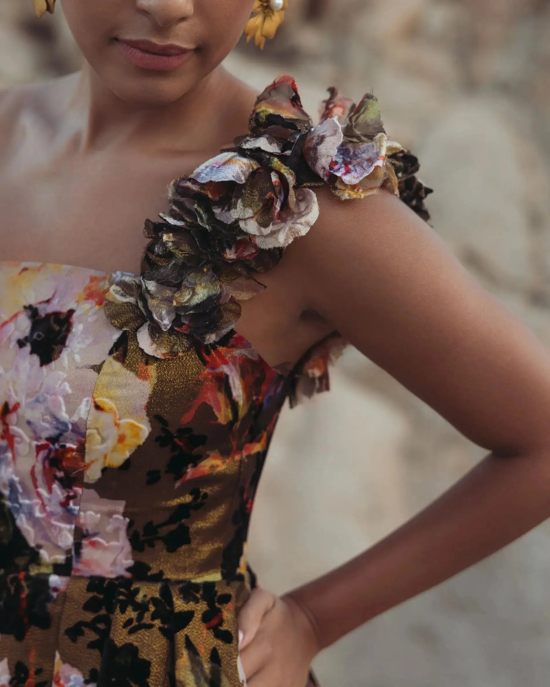 Multicolor One Shoulder Floral Velvet Ball Gown - Mac Duggal