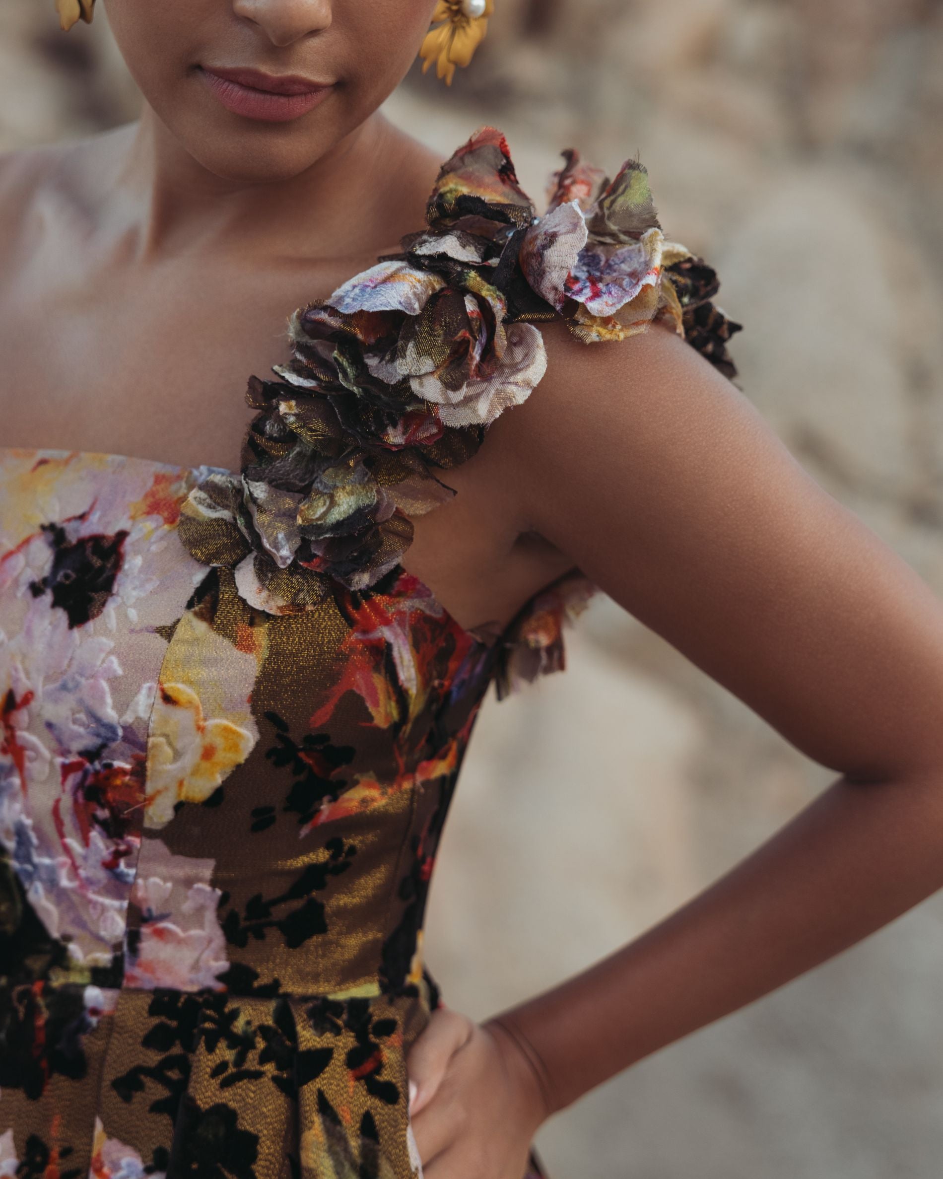 Black Multicolor Organza One Shoulder Gown with 3D Flowers - Mac Duggal