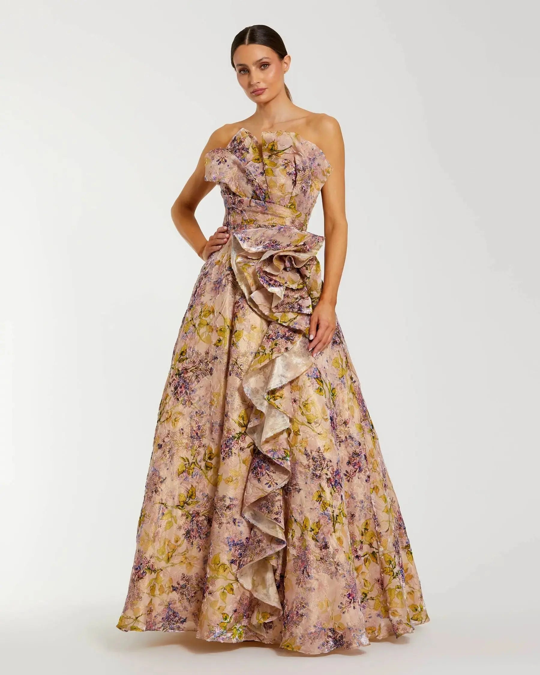 mac duggal strapless 3d floral maxi dress Mac Duggal 3D Floral-Embellished Strapless Maxi Dress