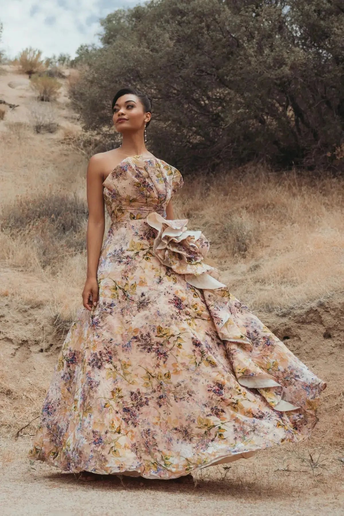 Mac Duggal Collection - Pink Strapless Floral Ball Gown With Ruffle Detail
