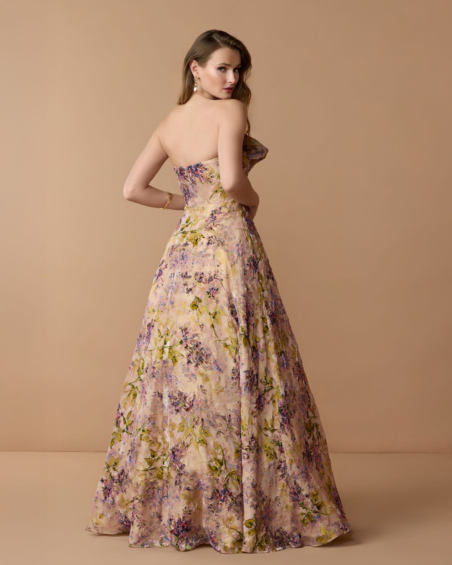 Pink Strapless Floral Ball Gown With Ruffle Detail - Mac Duggal