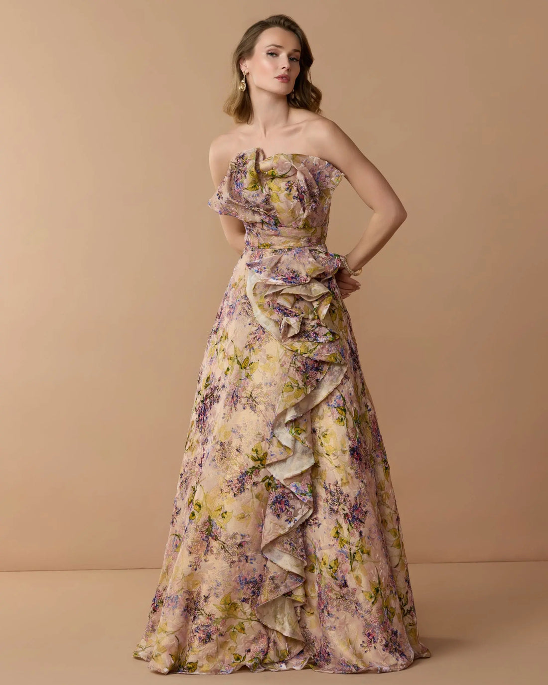 Pink Strapless Floral Ball Gown With Ruffle Detail - Mac Duggal