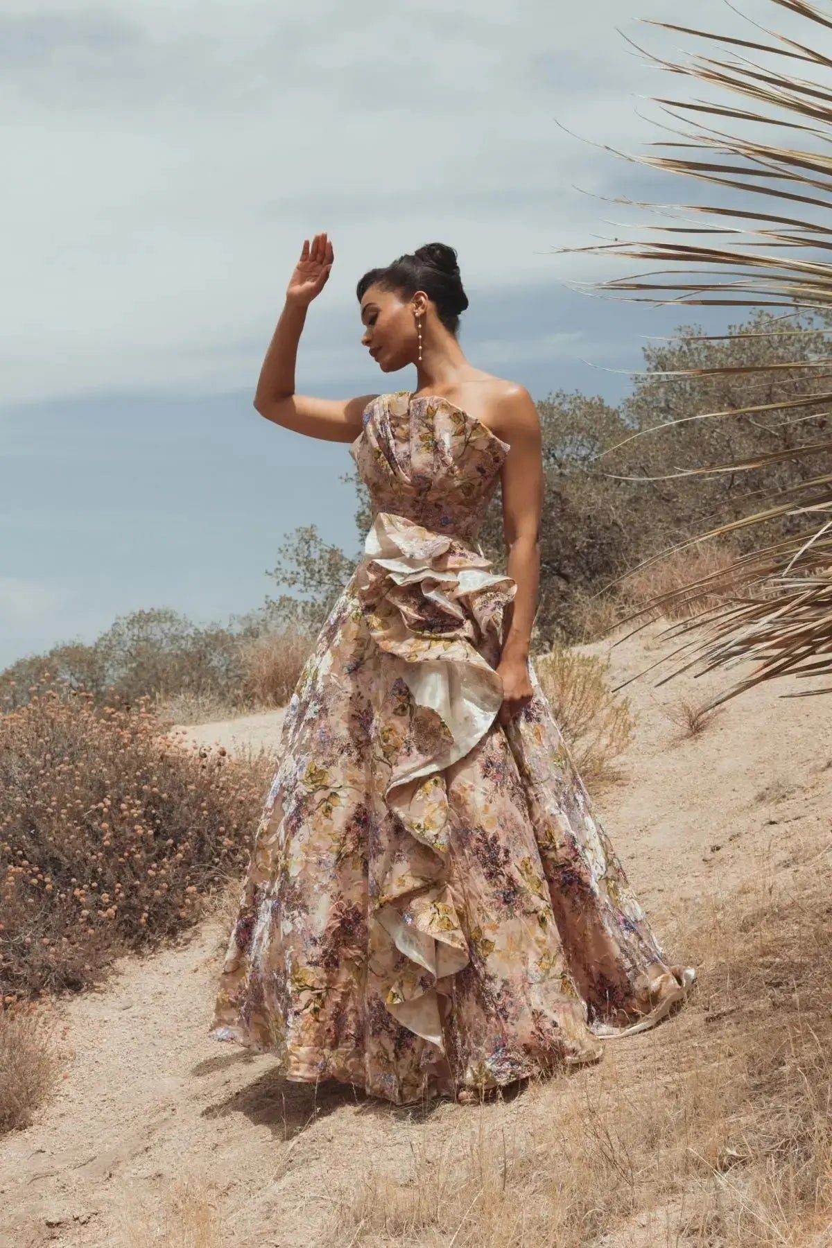 Pink Strapless Floral Ball Gown With Ruffle Detail - Mac Duggal