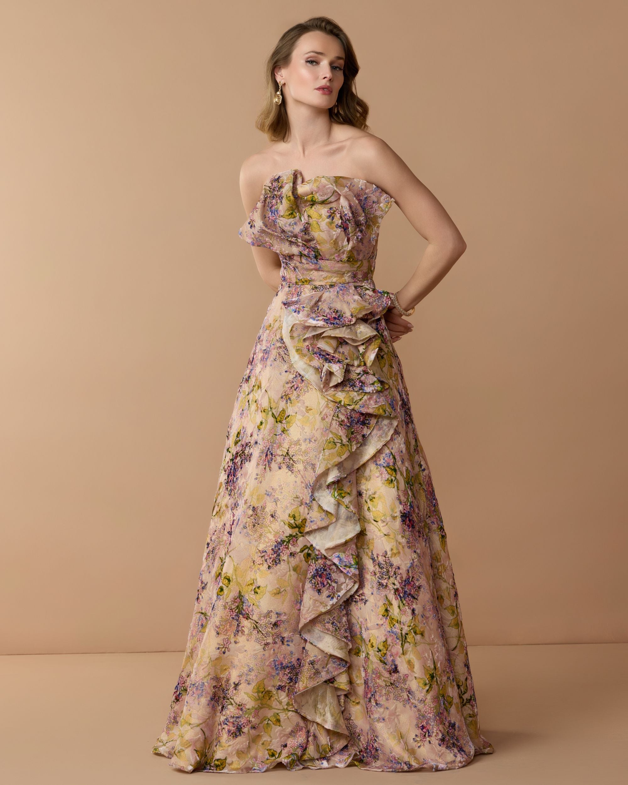 Pink Strapless Velvet Floral Ball Gown with 3D Rosette