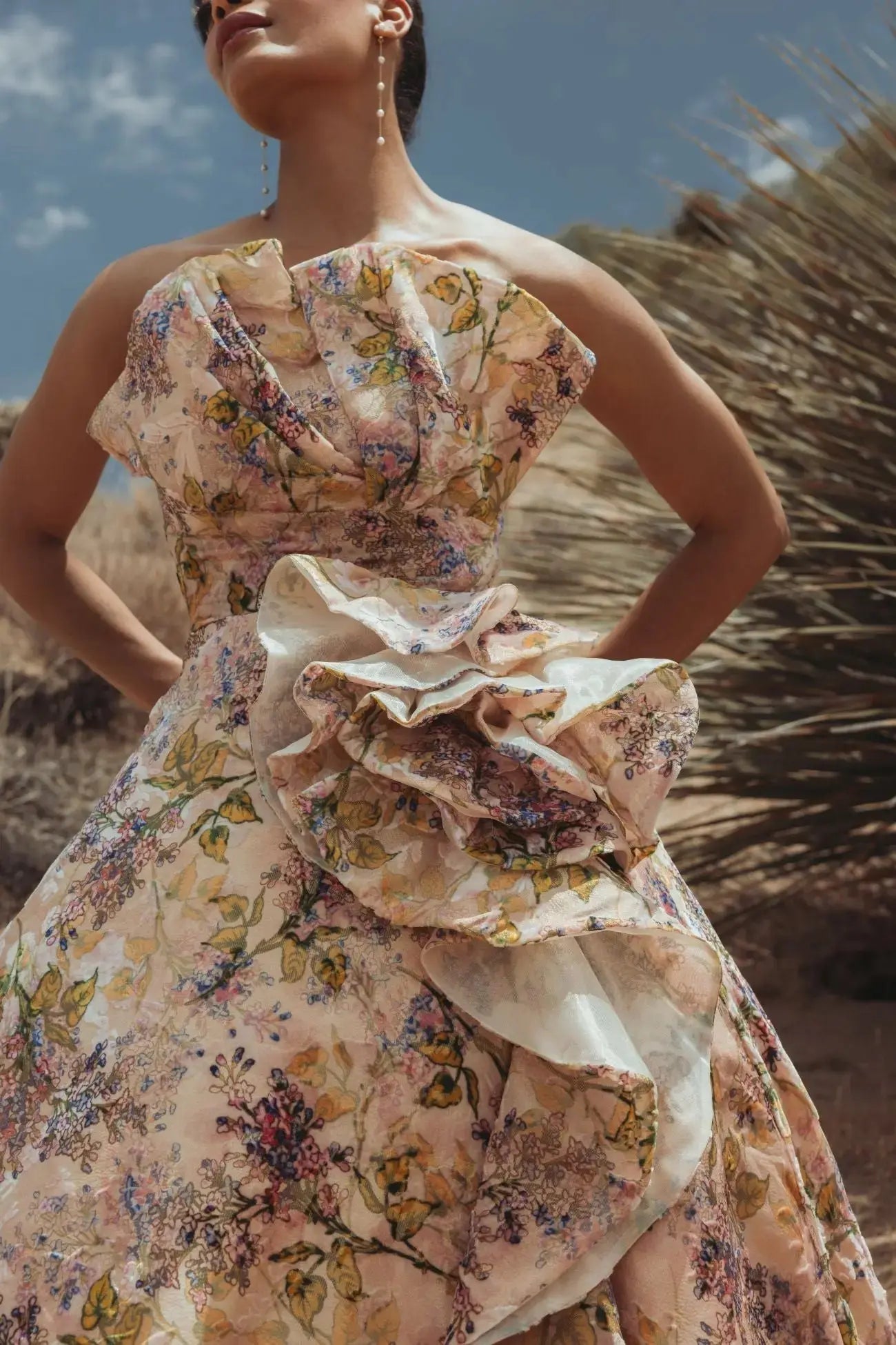 Pink Strapless Floral Ball Gown With Ruffle Detail - Mac Duggal