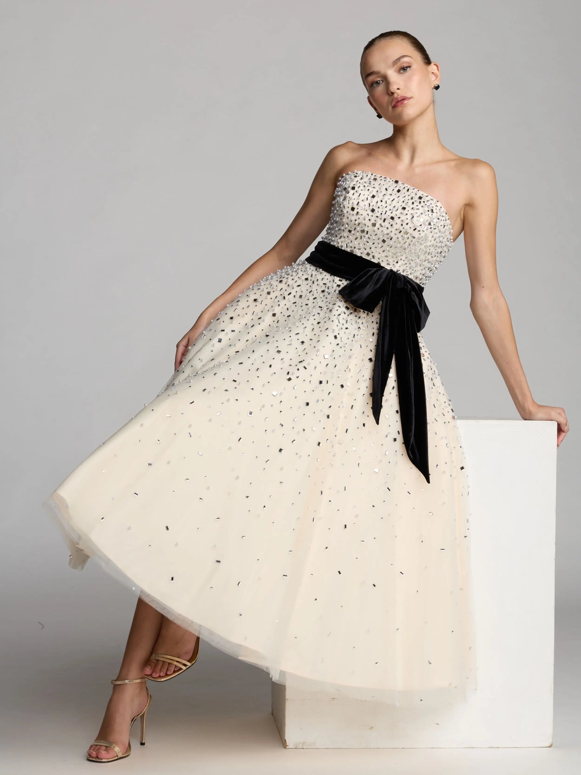 White Embellished Strapless Midi Dress with Velvet Bow | Mac Duggal White Embellished Strapless Midi Dress with Velvet Bow | Mac Duggal