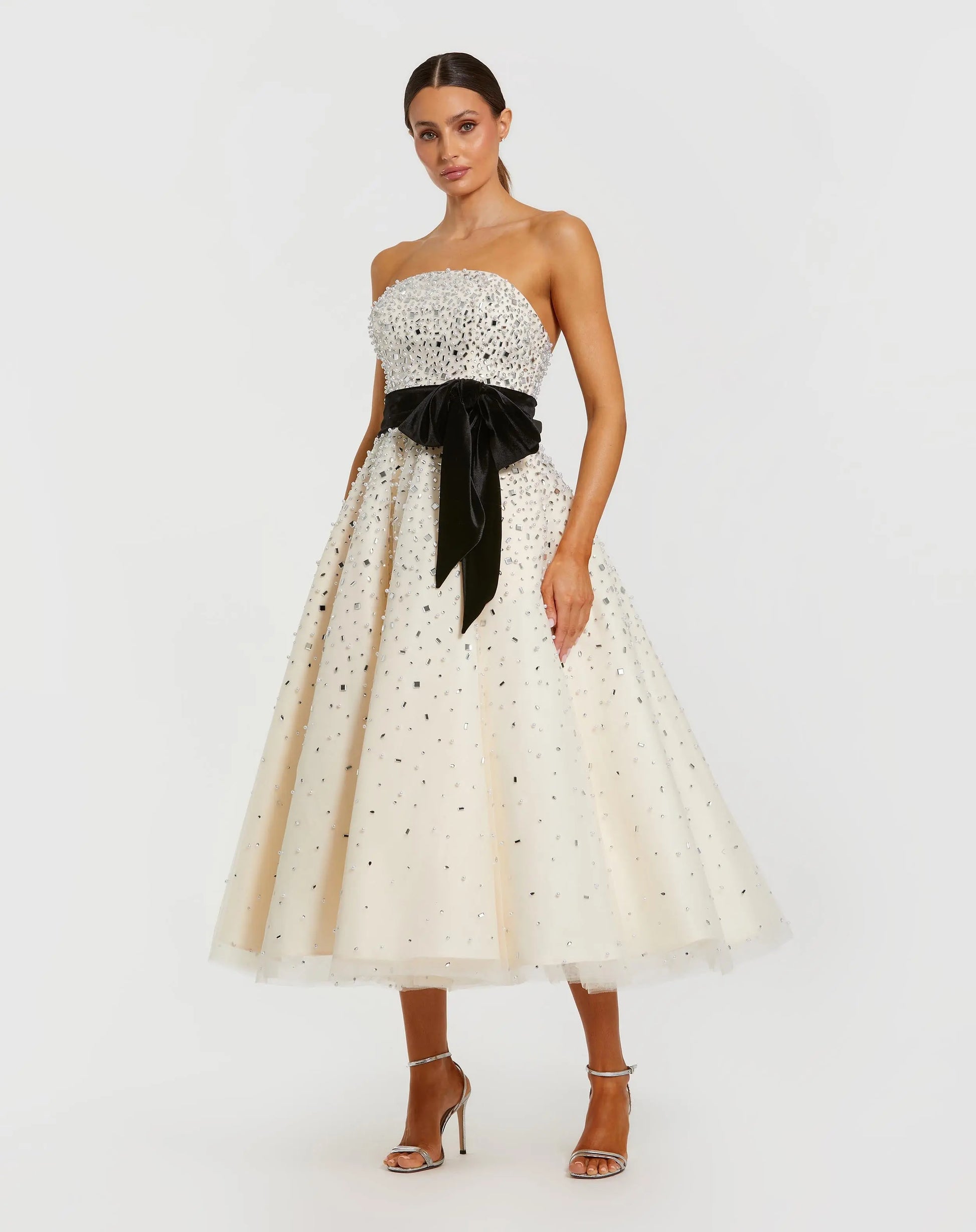 White Embellished Strapless Midi Dress with Velvet Bow | Mac Duggal White Embellished Strapless Midi Dress with Velvet Bow | Mac Duggal