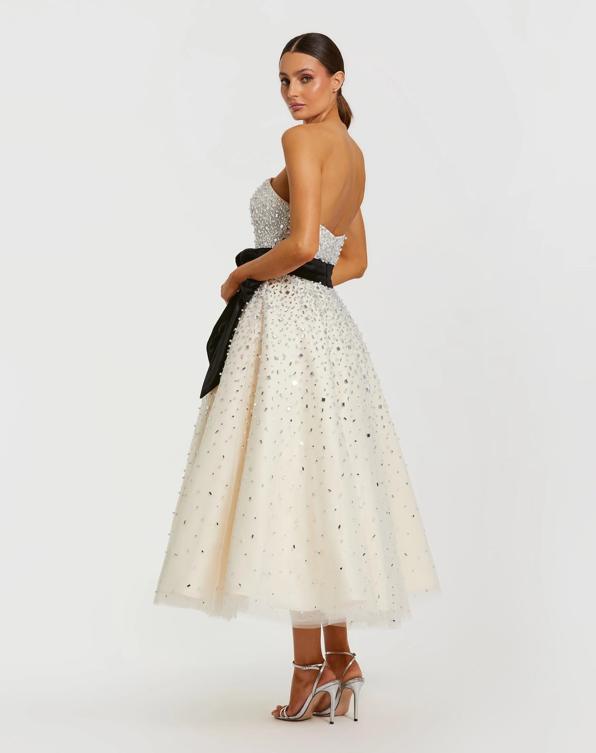 Mac Duggal Strapless Beaded Tulle Bow Tea Length Dress, Womens, 14, Black/Cream Mac Duggal Strapless Beaded Tulle Bow Tea Length Dress, Womens, 14, Black/Cream