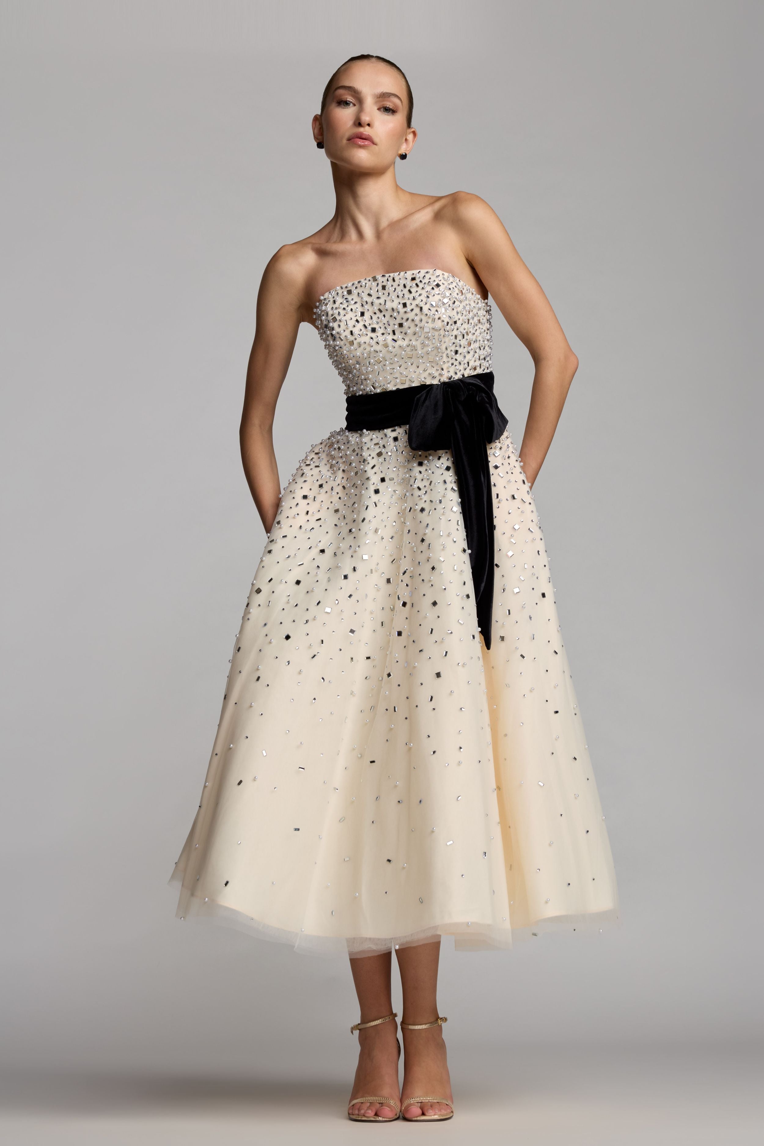 White Strapless Beaded Tulle A Line Midi Dress With Bow - Mac Duggal