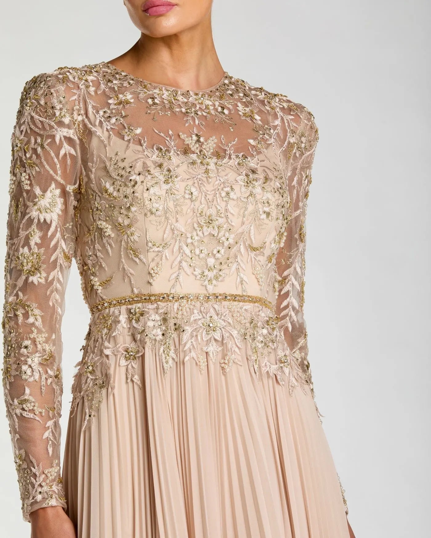 Beige Long Sleeve Chiffon Embellished Gown Mac Duggal