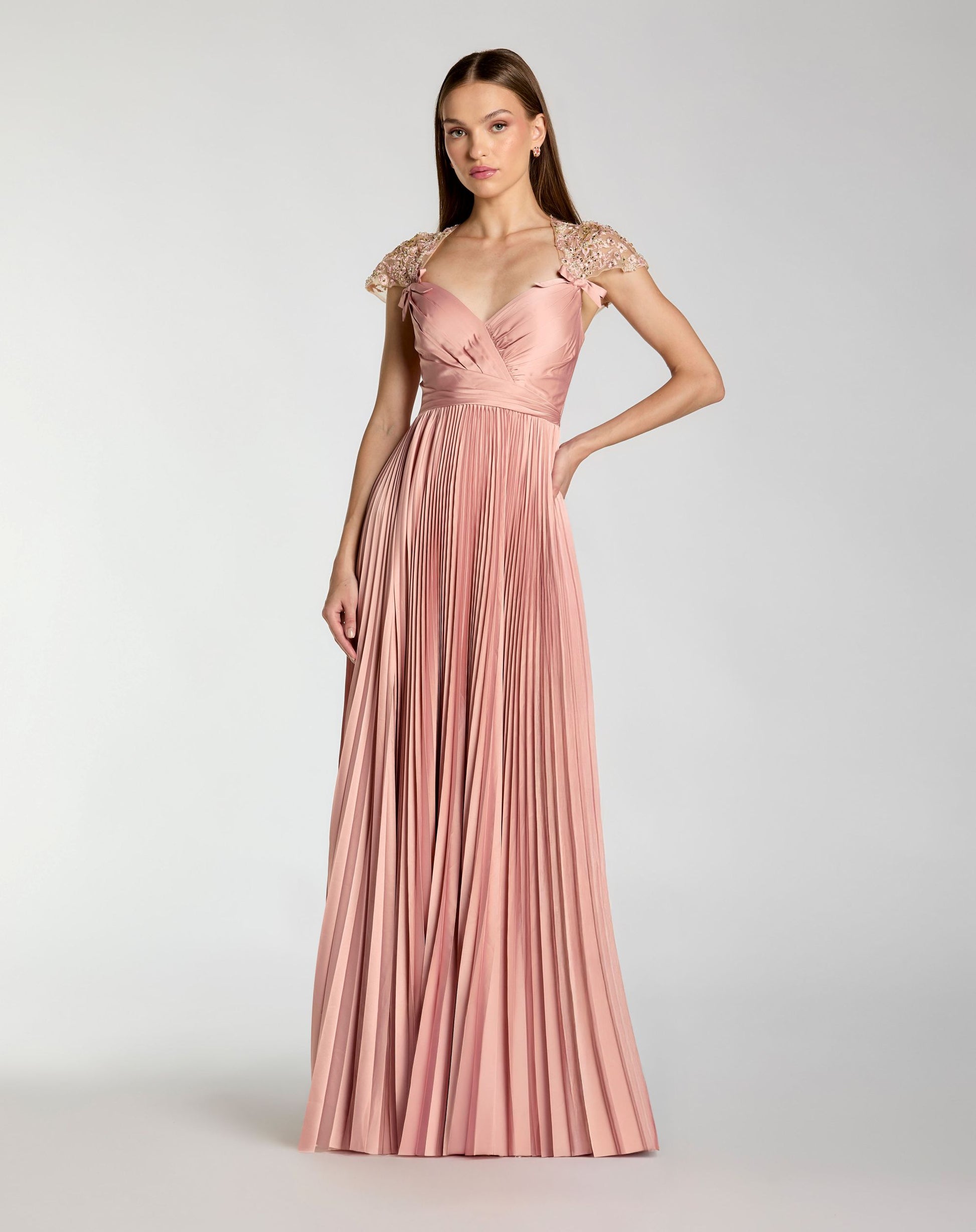 Pink Pleated Charmeuse Embellished Cap Sleeve Gown Mac Duggal