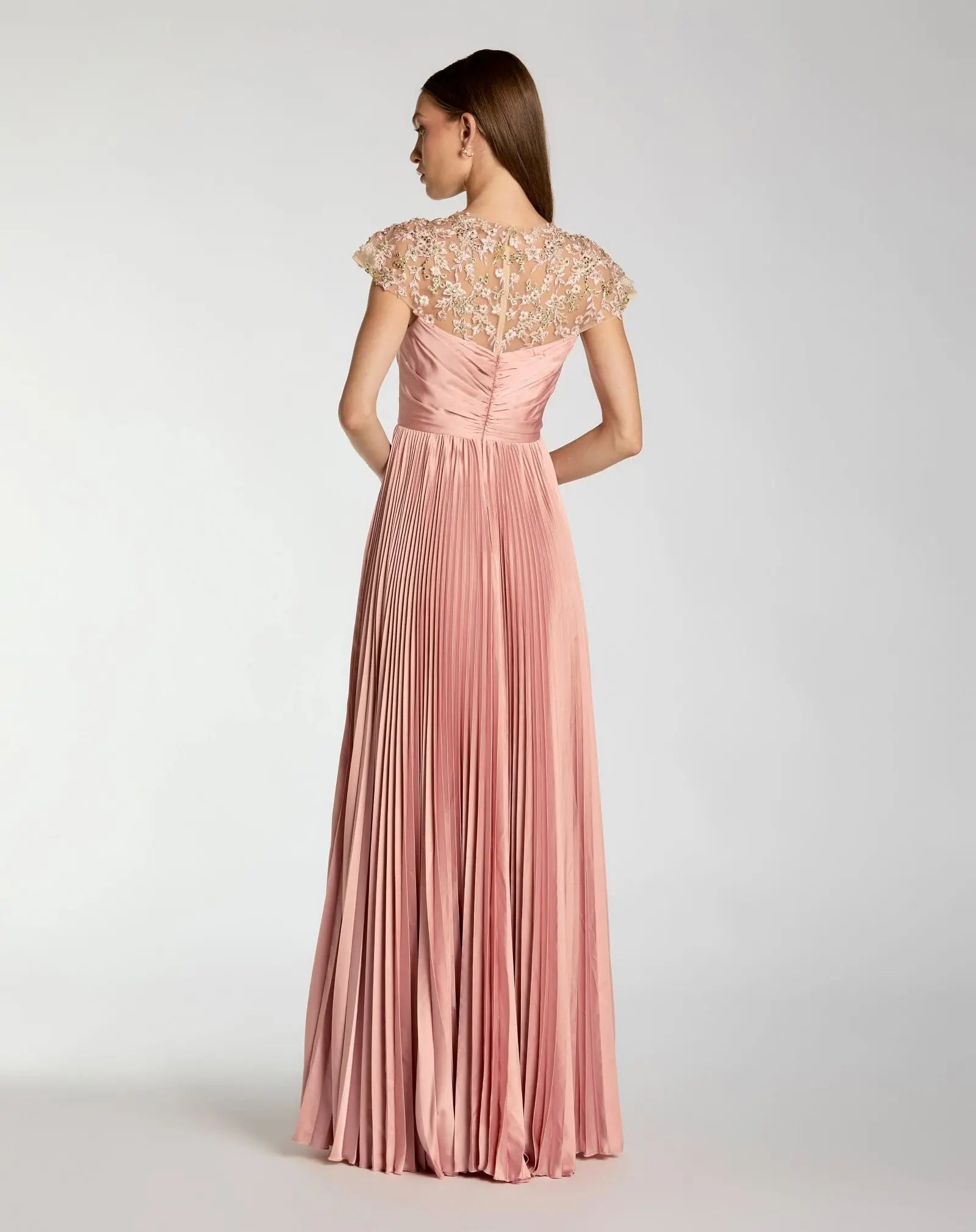 Pink Pleated Charmeuse Embellished Cap Sleeve Gown Mac Duggal