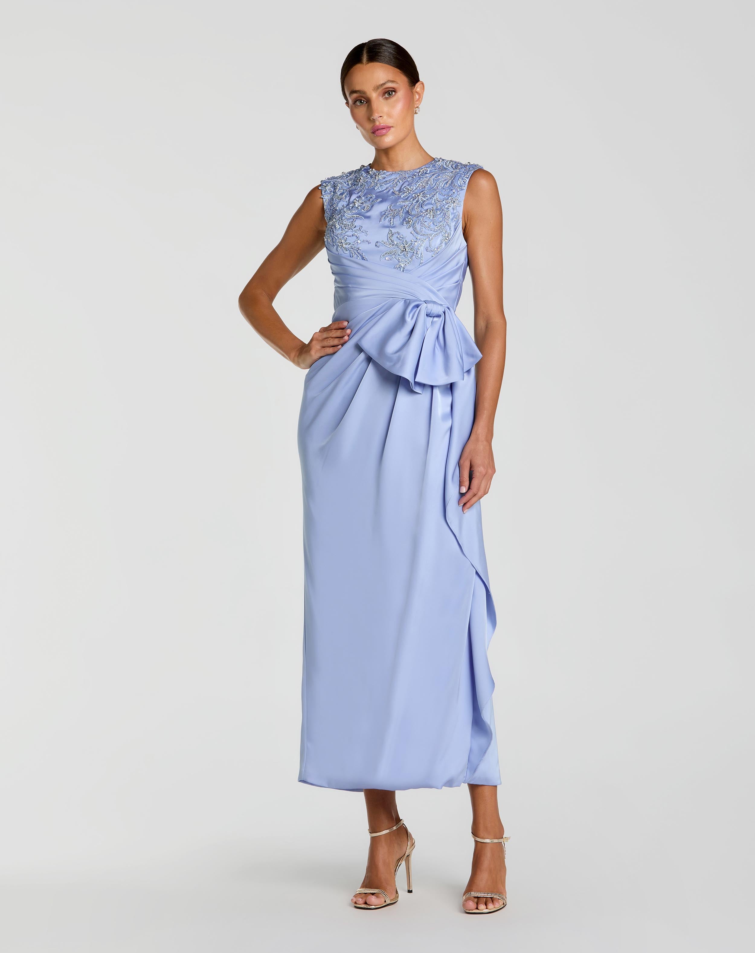 Blue Satin Beaded Embroidered Midi Dress With Bow Mac Duggal