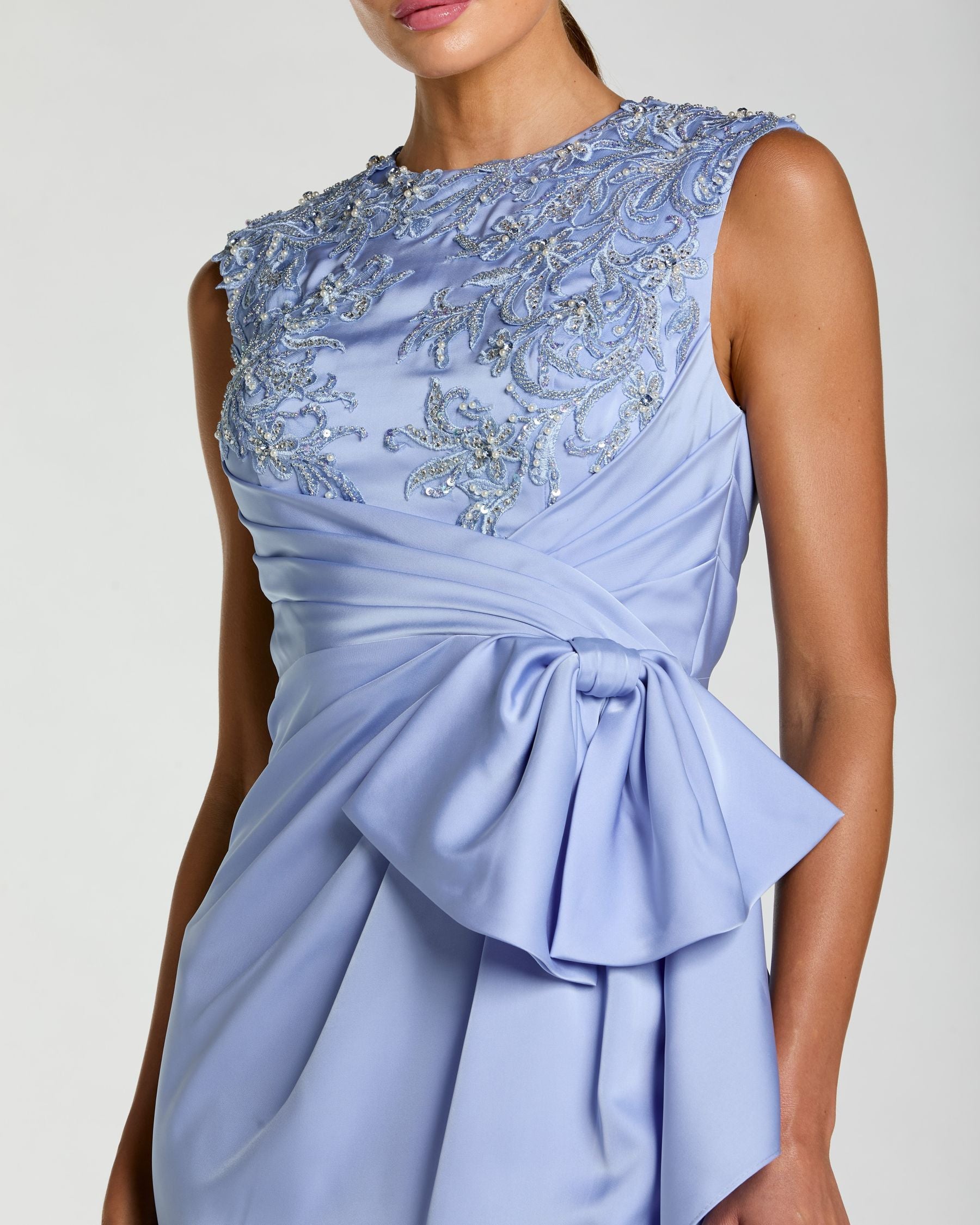 Blue Satin Beaded Embroidered Midi Dress With Bow Mac Duggal