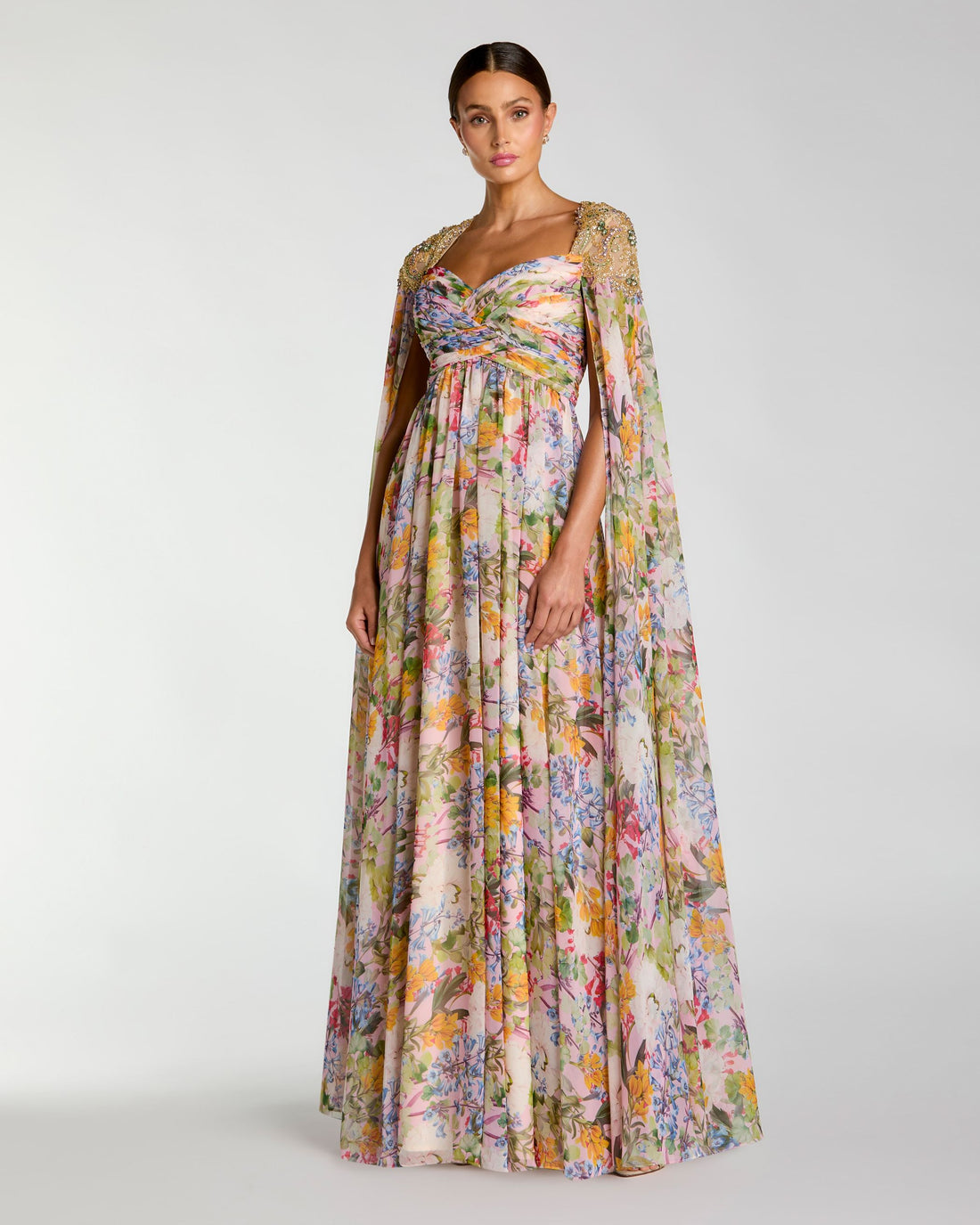 Multicolor Floral Gown With Beaded Cape Sleeves Mac Duggal