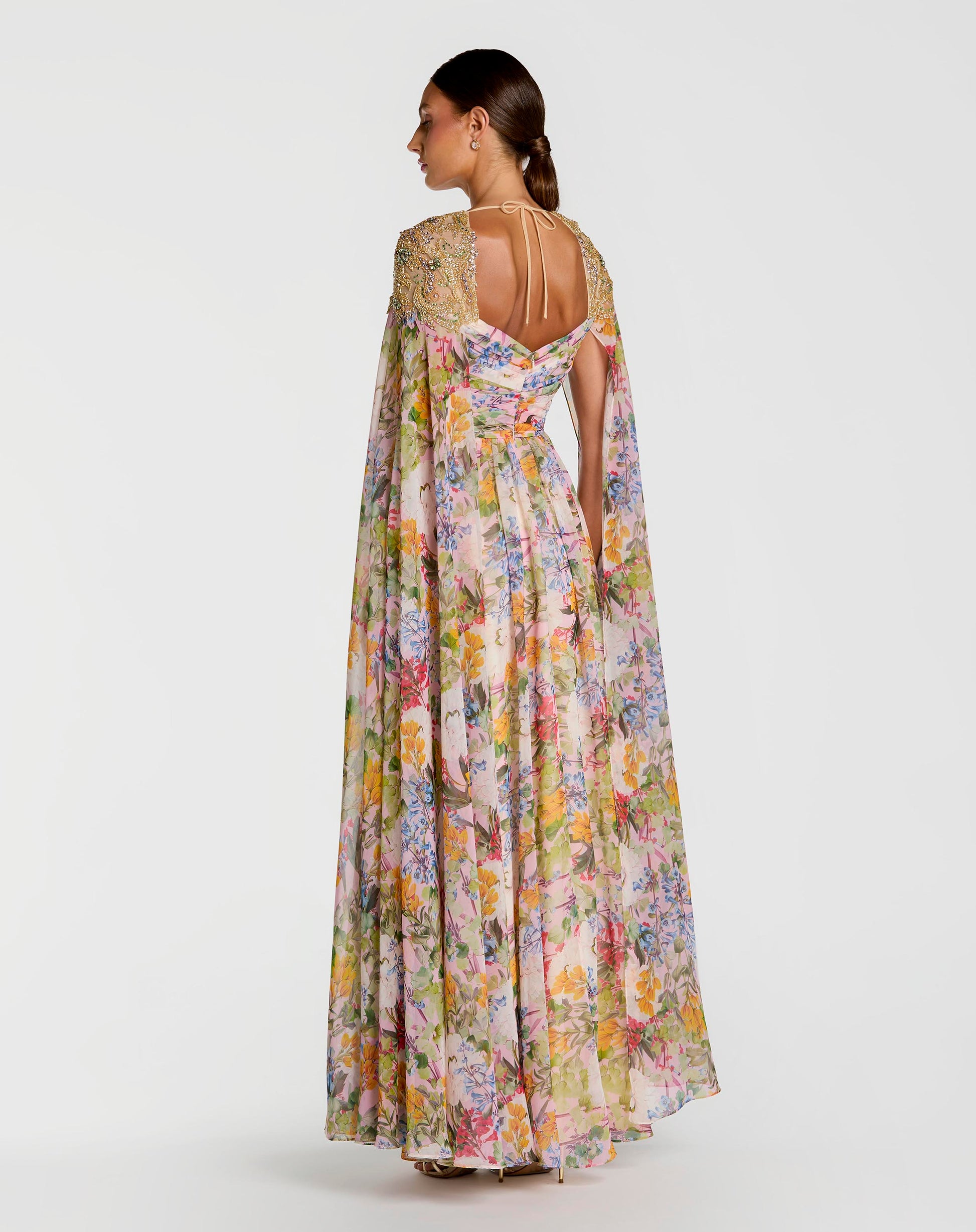 Multicolor Floral Gown With Beaded Cape Sleeves Mac Duggal