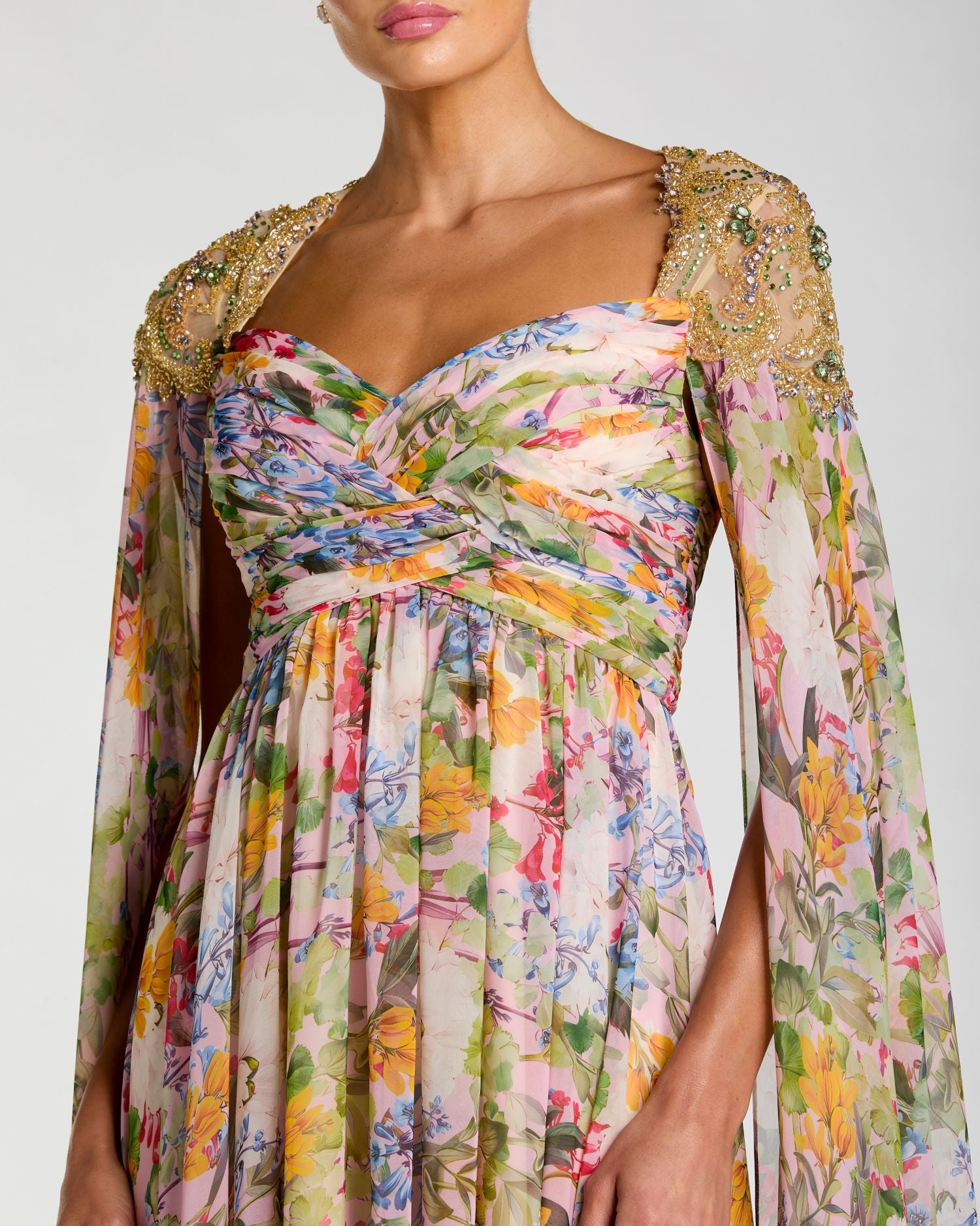 Multicolor Floral Gown With Beaded Cape Sleeves Mac Duggal