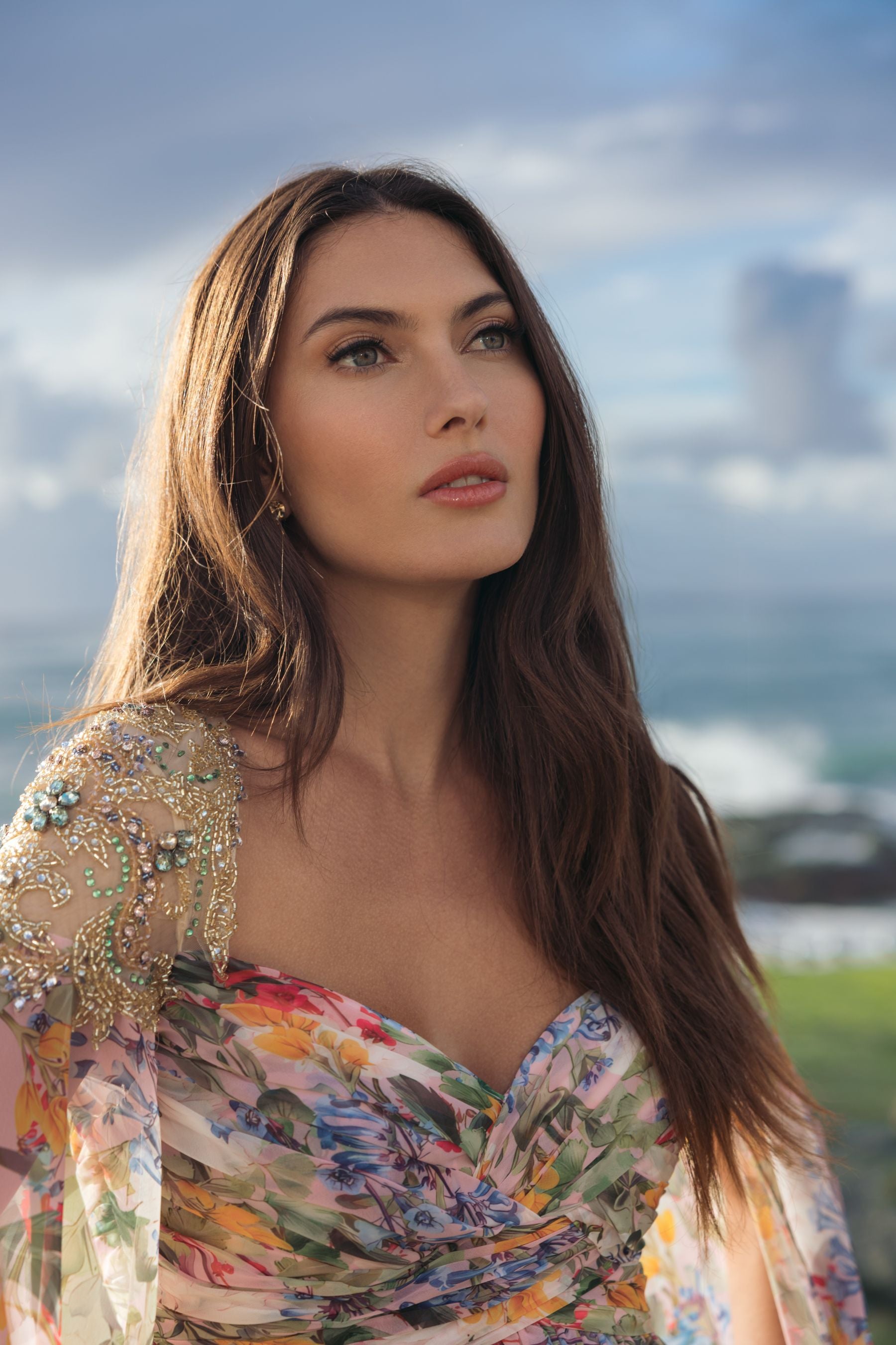 Multicolor Floral Gown With Beaded Cape Sleeves Mac Duggal