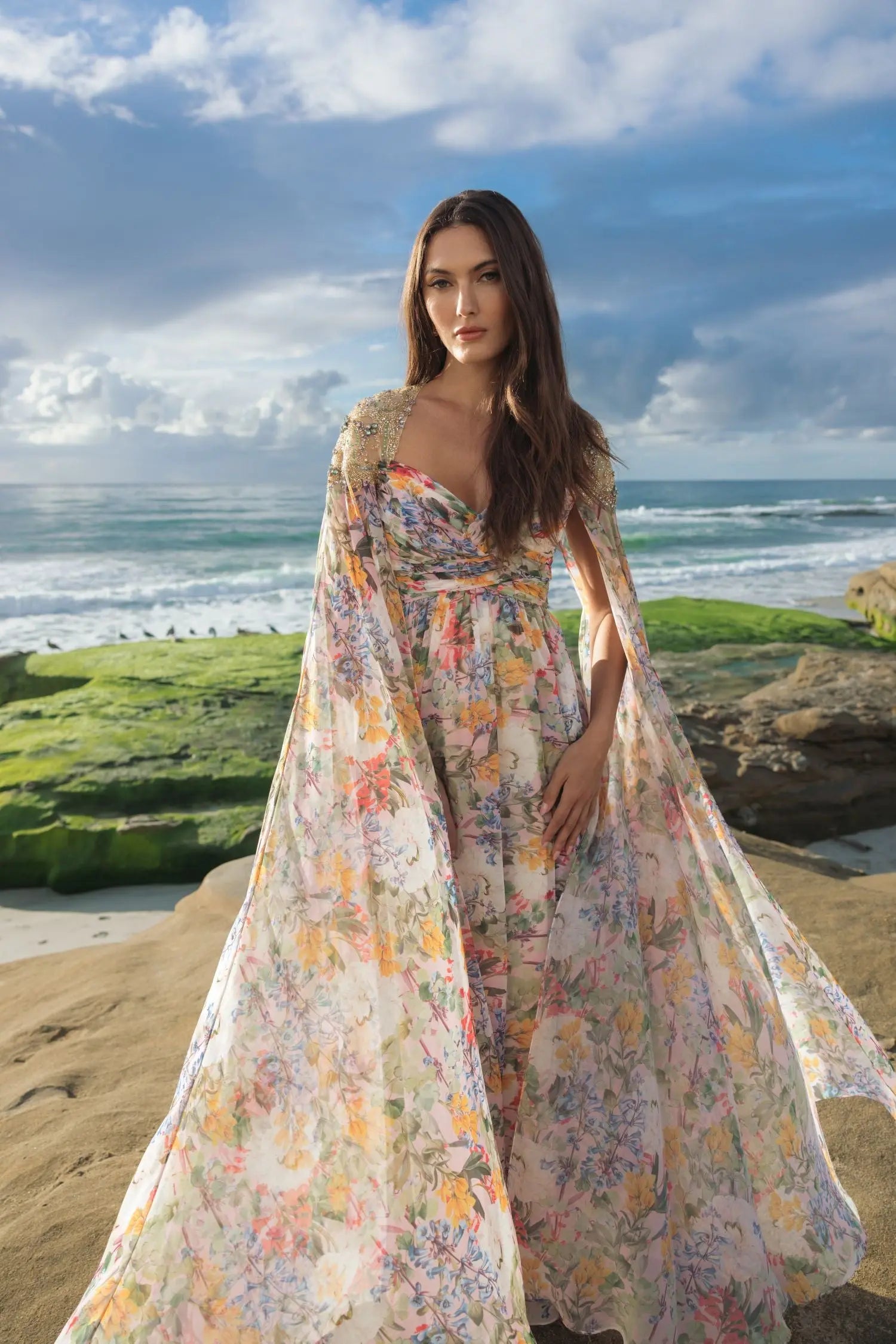 Multicolor Floral Gown With Beaded Cape Sleeves Mac Duggal