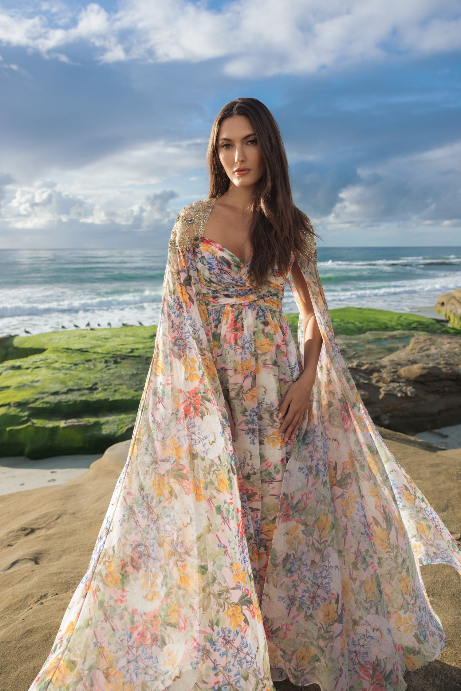 Multicolor Floral Gown With Beaded Cape Sleeves Mac Duggal
