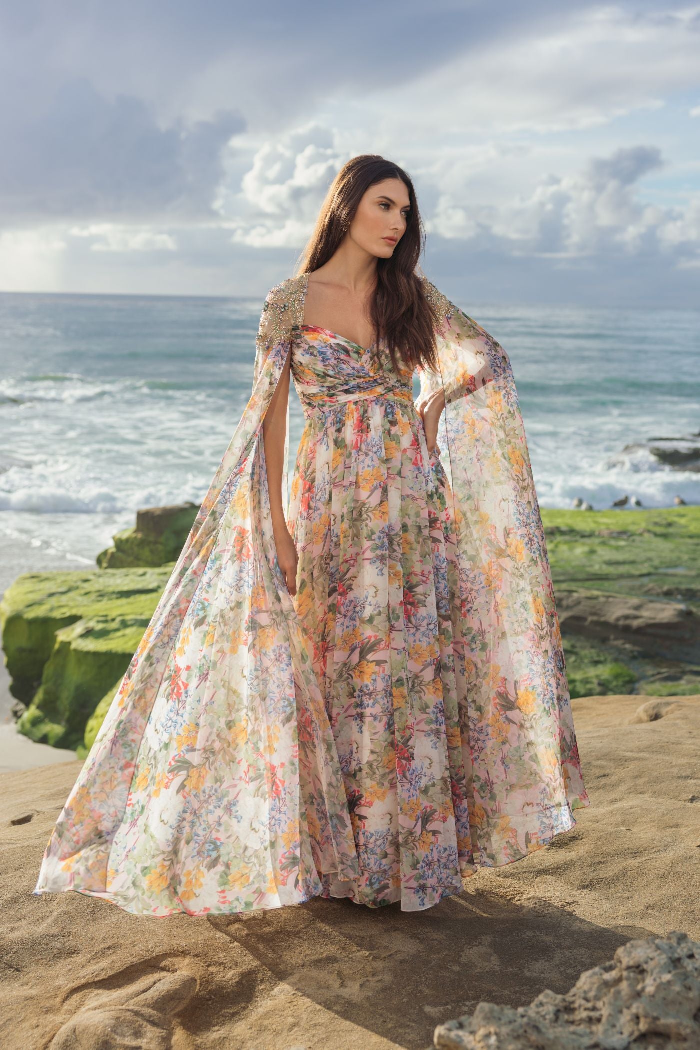 Multicolor Floral Gown With Beaded Cape Sleeves Mac Duggal